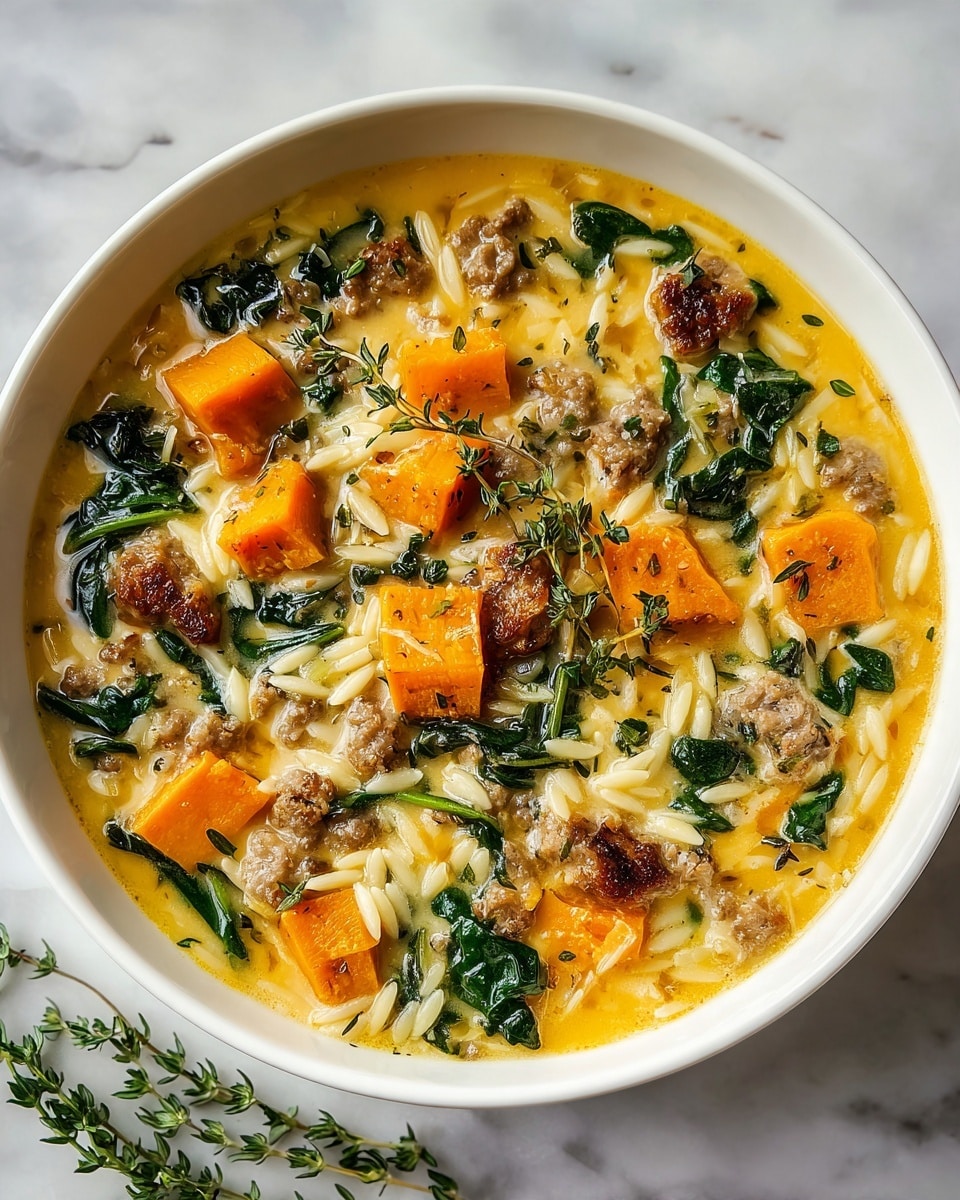 The image shows a white bowl filled with a creamy soup that has several layers of ingredients. The bottom layer is light orange broth with a smooth texture. Floating in the broth are plump brown sausage pieces, orange chunks of sweet potato, beige orzo pasta, and bright green spinach leaves. Small sprigs of fresh green herbs are placed on top, adding a fresh touch. The bowl sits on a white marbled surface with some green herb sprigs scattered around. Photo taken with an iphone --ar 4:5 --v 7