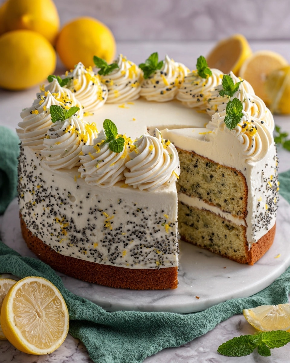 A round bundt cake with one slice removed shows its light yellow inside speckled with poppy seeds, topped with thick swirls of white cream cheese frosting arranged evenly on the top ring of the cake. The frosting is decorated with small black poppy seeds, thin yellow lemon zest strands, and a few fresh green mint leaves scattered on top. The cake sits on a white marbled surface with lemons, a green cloth, a piping bag, and extra mint leaves around it, all brightly lit. Photo taken with an iphone --ar 4:5 --v 7