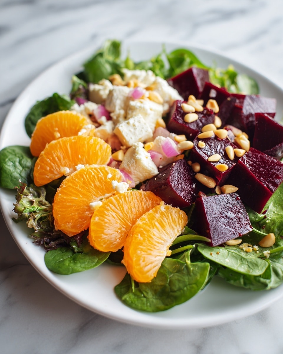 A fresh salad is arranged in a white round plate on a white marbled surface. The base layer is made of bright green spinach leaves spread evenly. On top, there are several vibrant orange mandarin slices scattered around. Deep purple beet chunks are mixed in, providing a rich contrast. Small golden pine nuts are sprinkled all over, adding texture along with white crumbles of cheese. Tiny pieces of red onion are also visible, giving a slight pop of color. The ingredients appear fresh and lightly seasoned with a shine of dressing and small black pepper flakes. photo taken with an iphone --ar 4:5 --v 7