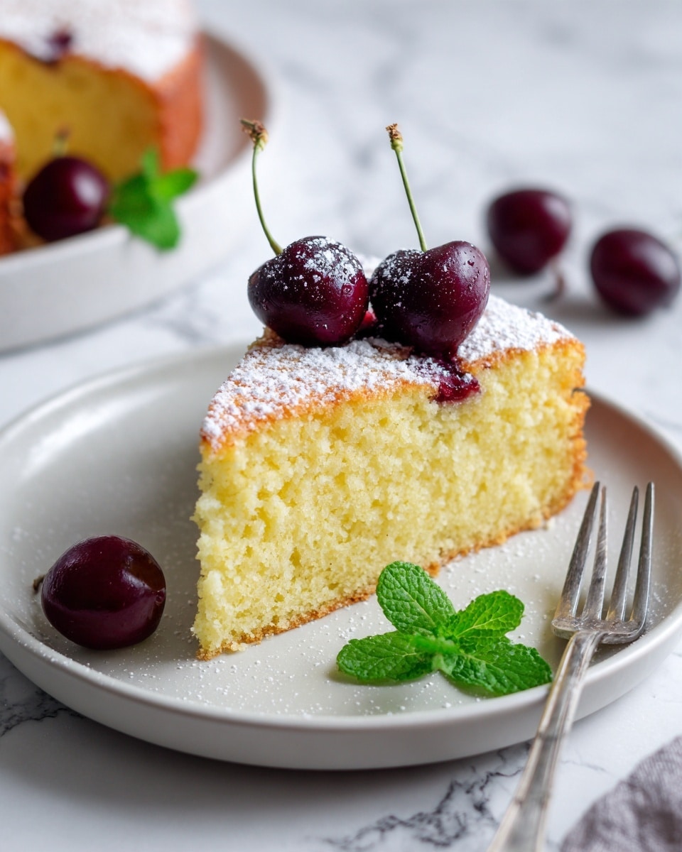 A close-up of a slice of light yellow cake with a soft and moist texture, topped with several dark red cherries partially sunk into the cake surface. The top is dusted evenly with white powdered sugar. The slice sits on a white plate with smooth edges, next to two whole dark red cherries and a fresh green mint leaf. A silver fork rests on the edge of the plate. The background features a white marbled surface with soft natural light highlighting the cake’s texture and toppings. photo taken with an iphone --ar 4:5 --v 7