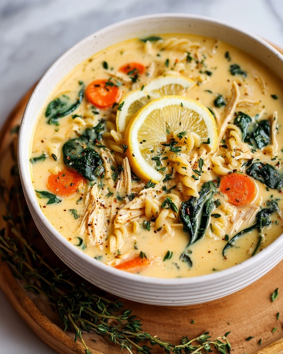 A white bowl filled with a creamy light yellow soup showing multiple layers of ingredients: orange carrot pieces, shredded white chicken, small pale orzo pasta, and green spinach leaves mixed throughout. A single bright yellow lemon slice floats near the top right, sprinkled with small green herb bits. The soup looks thick and rich with visible flecks of green herbs and a slight oily surface. The bowl sits on a round wooden board with fresh green herb sprigs beside it, all placed on a white marbled surface. Photo taken with an iphone --ar 4:5 --v 7