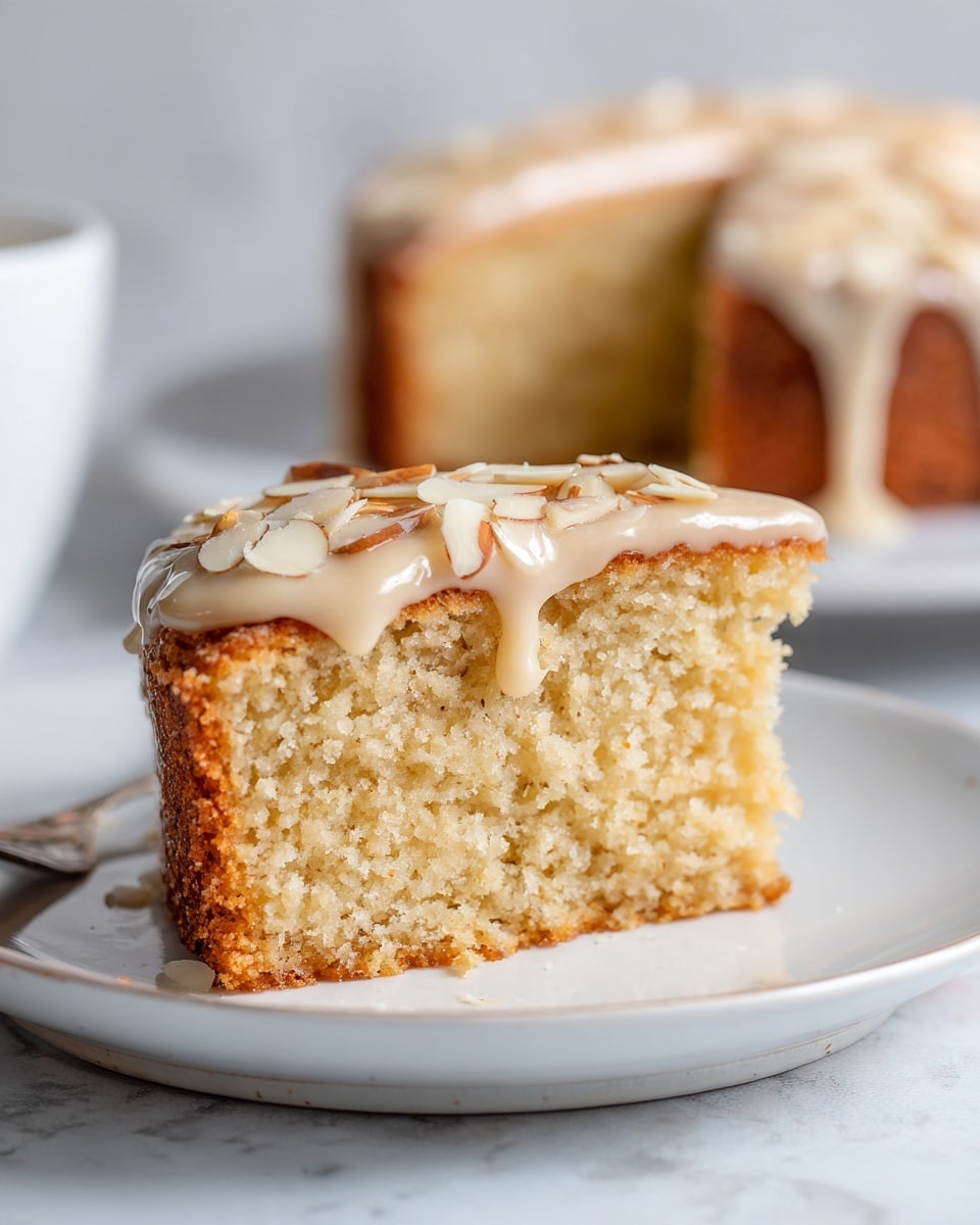 A close-up of a two-layer cake slice on a white plate with a textured pattern, placed on a white marbled surface. The bottom layer is a moist, brown spiced cake with small holes and a warm texture. The top layer is a pale, creamy-colored frosting, thicker and smooth, topped with sliced almonds. A light beige glaze drizzles over the top, dripping down the sides, creating an inviting look. In the background, the full cake is visible, showing the same layers and toppings. The soft light highlights every detail of the cake's texture. Photo taken with an iphone --ar 4:5 --v 7