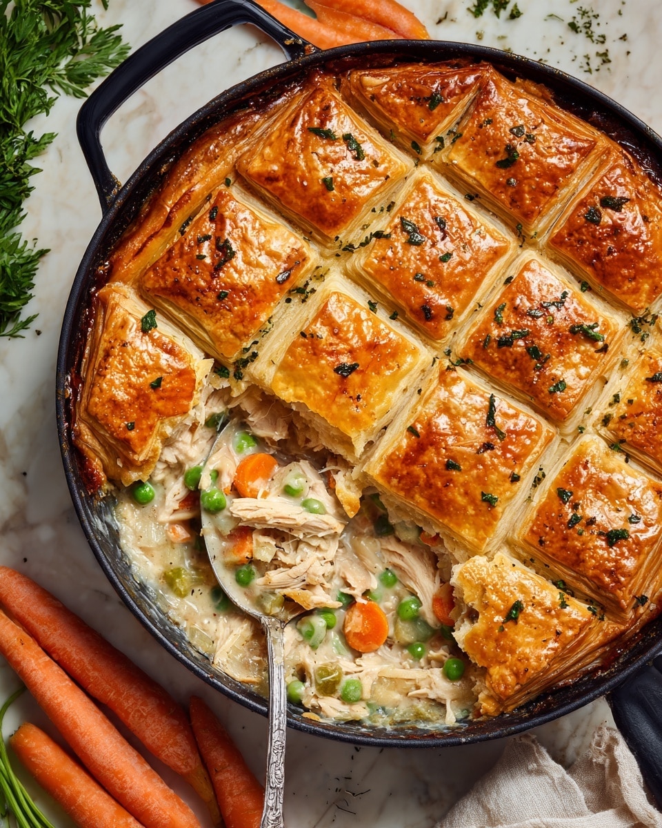 A round black iron skillet holds a golden brown chicken pot pie with a crispy, shiny crust made of overlapping square puff pastry pieces, sprinkled with fresh green herbs on top. The crust is slightly raised around the edges. A silver spoon scoops out a mix from the right side, showing chunks of white chicken, orange carrot slices, green peas, and creamy sauce with black pepper. Around the skillet are raw carrots, green peas in a small white bowl, and fresh green parsley on a white marbled surface. Photo taken with an iphone --ar 4:5 --v 7