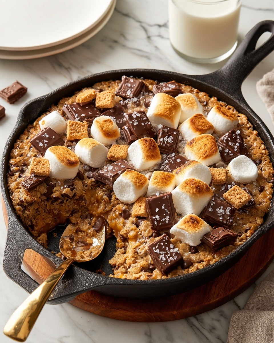 A round black cast iron skillet holds a crispy baked dessert with a golden brown crust mixed with oats and chunks of chocolate, topped with large toasted marshmallows that are browned on top and slightly melted into the mixture. Small pieces of milk chocolate bars and broken graham crackers are scattered evenly across the surface alongside tiny chocolate chips, with a few salt flakes sprinkled on top. A spoon is scooping out a portion, revealing a soft, gooey inside beneath the crunchy top layer. The skillet sits on a wooden board with a small white bowl of salt and a glass of milk nearby on a white marbled surface. photo taken with an iphone --ar 4:5 --v 7