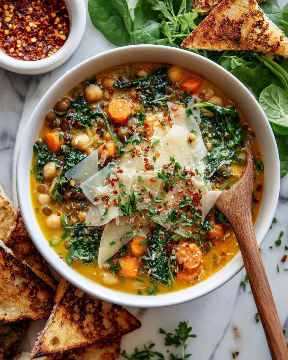 A white bowl filled with thick vegetable soup with visible layers of orange carrot slices, green leafy spinach, beige chickpeas, and small bits of lentils in a light brown broth. On top, there are thin, light yellow cheese shavings scattered with small red chili flakes and chopped green herbs. A wooden spoon rests inside the bowl on the right side. Around the bowl, there are pieces of toasted bread on a wooden board, fresh sage leaves on the left, and fresh spinach leaves on a blue cloth to the right, sitting on a white marbled surface. Photo taken with an iphone --ar 4:5 --v 7