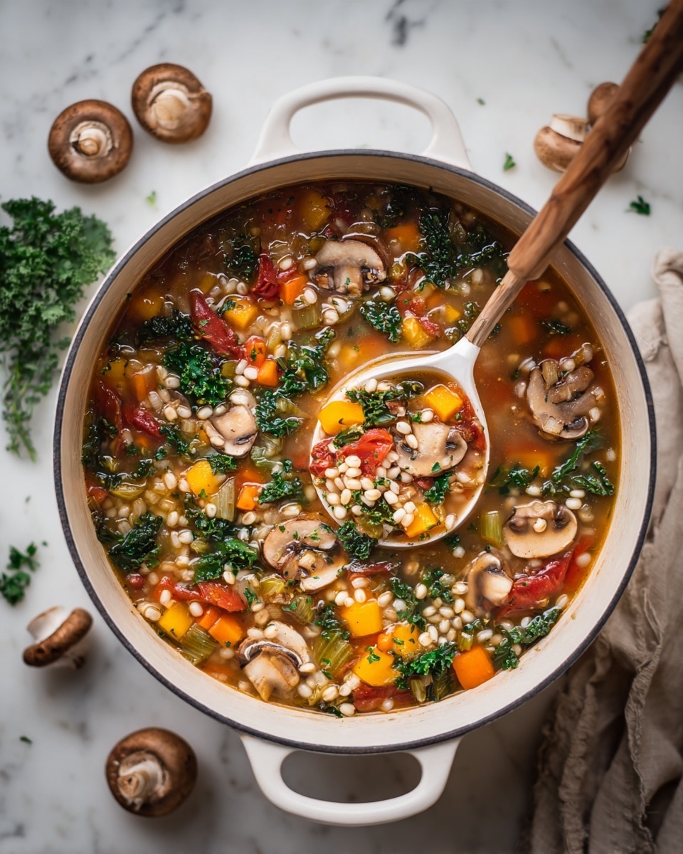 A close-up of a white pot filled with thick vegetable soup showing many colorful layers including chopped orange carrots, green kale leaves, light tan barley grains, sliced brown mushrooms, and pieces of celery floating in a rich golden broth with herbs sprinkled on top. A white ladle with a wooden handle is lifting a scoop of the soup, clearly showing the mix of vegetables and grains inside. The pot sits on a white marbled surface with parts of a white bowl and a mushroom visible nearby. Photo taken with an iphone --ar 4:5 --v 7