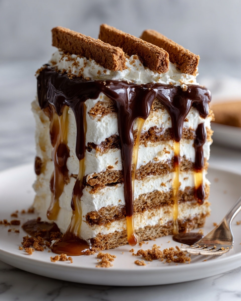 A square slice of layered dessert is shown on a white plate, placed on a white marbled surface. The dessert has six visible layers: alternating soft white cream layers and crispy brown biscuit layers, with a caramel sauce dripping over and between these layers. On top, thick chocolate sauce drips down the sides, topped with a layer of medium brown crumbly biscuit pieces arranged carefully. Some biscuit crumbs are scattered lightly around the plate. The texture looks creamy, crunchy, and sticky all at once. Photo taken with an iphone --ar 4:5 --v 7