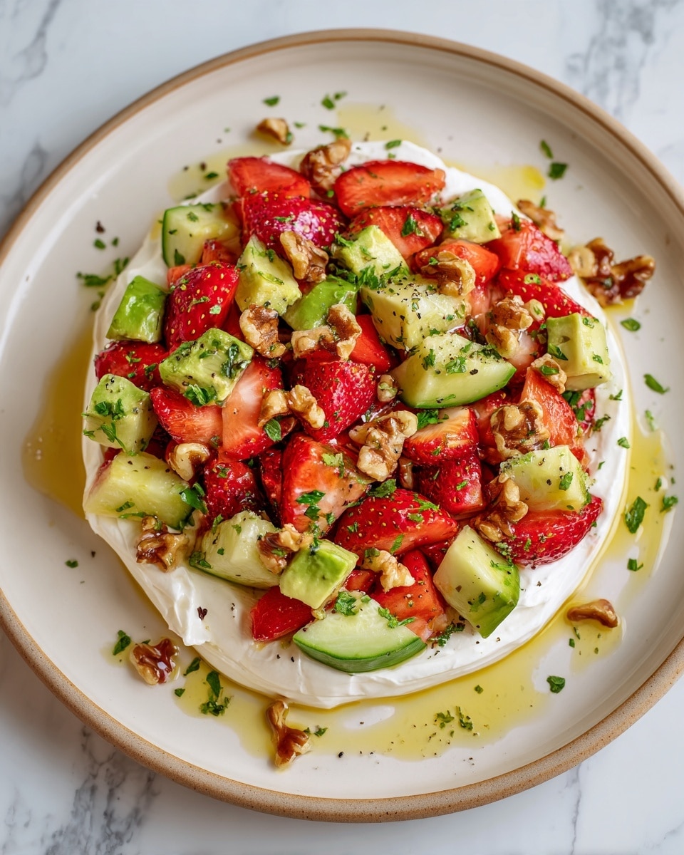 A round white plate holds a creamy, smooth white base spread evenly across it. On top, there is a bright layer of fresh red strawberries, some sliced and some whole, mixed with chunks of green avocado and thick slices of green cucumber. Scattered among the fruit and vegetables are small pieces of light brown walnuts. The whole dish is sprinkled with tiny black seeds and finely chopped green herbs, with a drizzle of golden oil shining on the surface. The plate rests on a white marbled surface. Photo taken with an iphone --ar 4:5 --v 7