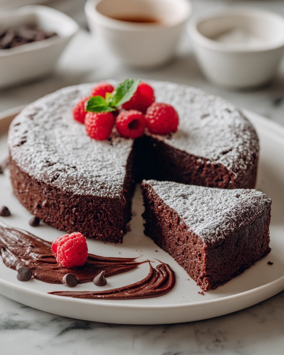 A rich, dark chocolate cake with a soft, moist texture sits on a white plate, dusted with a light layer of powdered sugar. A triangular slice is cut out, showing the dense inside, and placed slightly forward on the plate. On top of the whole cake, several fresh, bright red raspberries cluster in the center, garnished with a small sprig of green mint. A few chocolate chips rest around the raspberries. On the plate beside the cake, there are two streaks of glossy dark chocolate sauce. The background features a white marbled surface with blurred white dishes visible in the distance. photo taken with an iphone --ar 4:5 --v 7