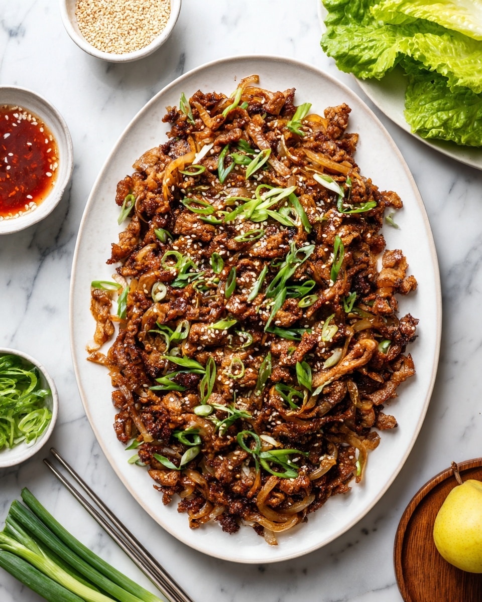 A large white oval plate is filled with a single thick layer of cooked, thinly sliced brown meat mixed with light caramelized onions, topped with scattered green sliced scallions and white sesame seeds. The plate sits on a white marbled surface garnished with fresh green lettuce leaves at the bottom right, fresh whole scallion stalks at the bottom left, a small white bowl of sesame seeds near the top center, a small white bowl of red sauce to the upper right, a yellow round fruit near the top right, and a piece of ginger root on a white cloth napkin. A pair of metal chopsticks rests on the plate’s top left edge. Photo taken with an iphone --ar 4:5 --v 7