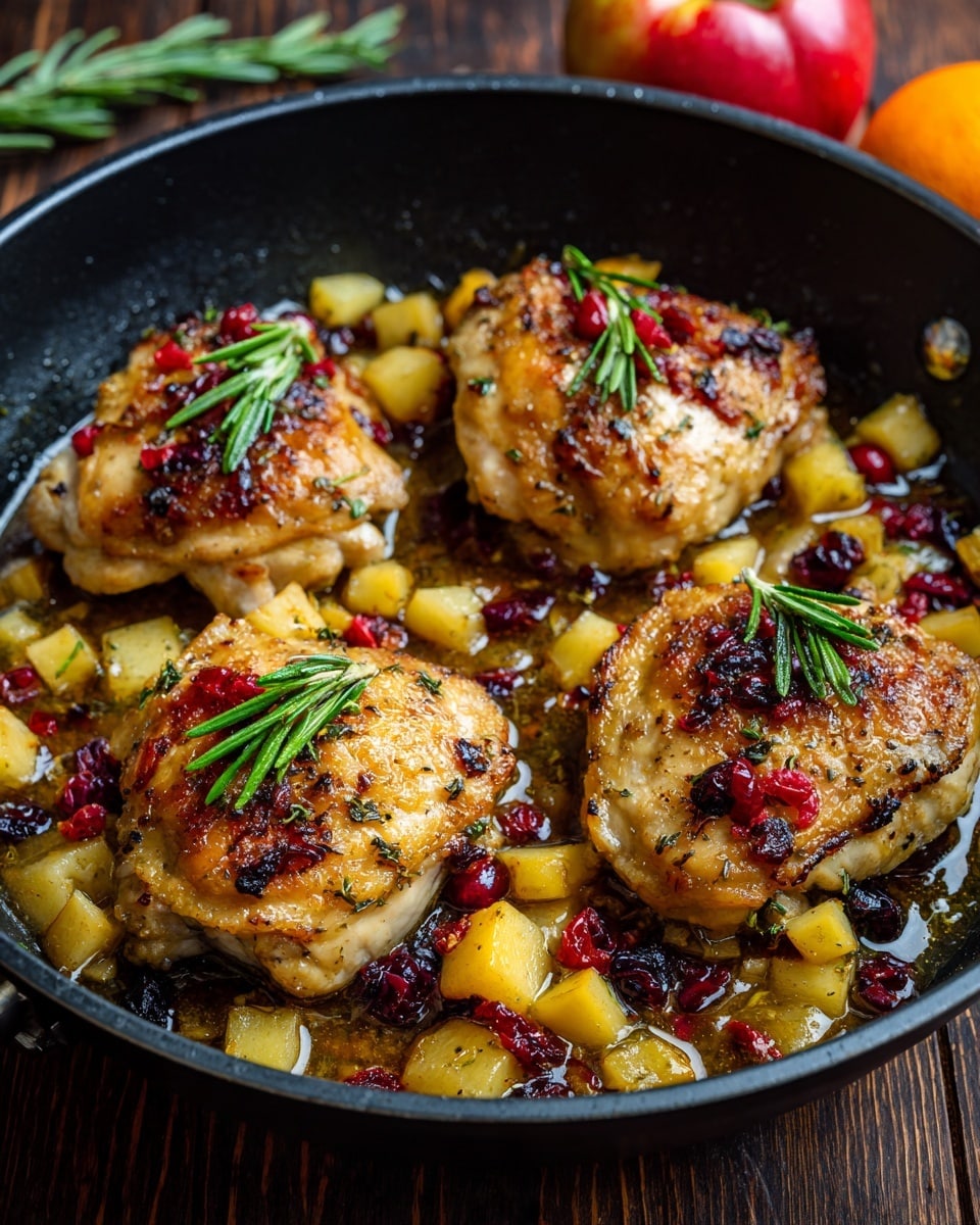 The image shows a black pan with four browned cooked chicken pieces, each topped with small cubes of golden-brown cooked apples and dark red dried cranberries scattered over and around them. Small, fresh green rosemary sprigs are placed on each chicken piece, adding a touch of color contrast. The pan sits on a dark wooden surface with a red and yellow apple in the top left corner and an orange persimmon fruit in the bottom left corner. The overall look is warm and rustic, highlighting the cooked chicken and fruit topping clearly. photo taken with an iphone --ar 4:5 --v 7
