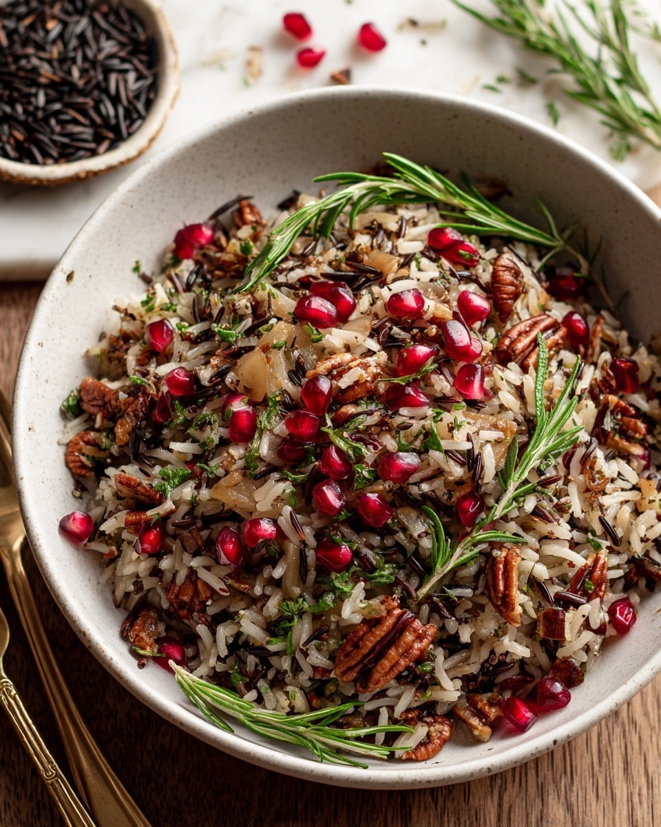 A close-up shot of a white bowl filled with a colorful wild rice mix. The wild rice is dark brown and light brown, mixed with bright red pomegranate seeds scattered on top. There are small chopped pieces of light golden onion and crunchy orange-brown pecans spread evenly throughout. Green sprigs of fresh herbs like rosemary and thyme are placed on top as decoration. The bowl sits on a wooden table with a white marbled texture surface visible around it. Photo taken with an iphone --ar 4:5 --v 7