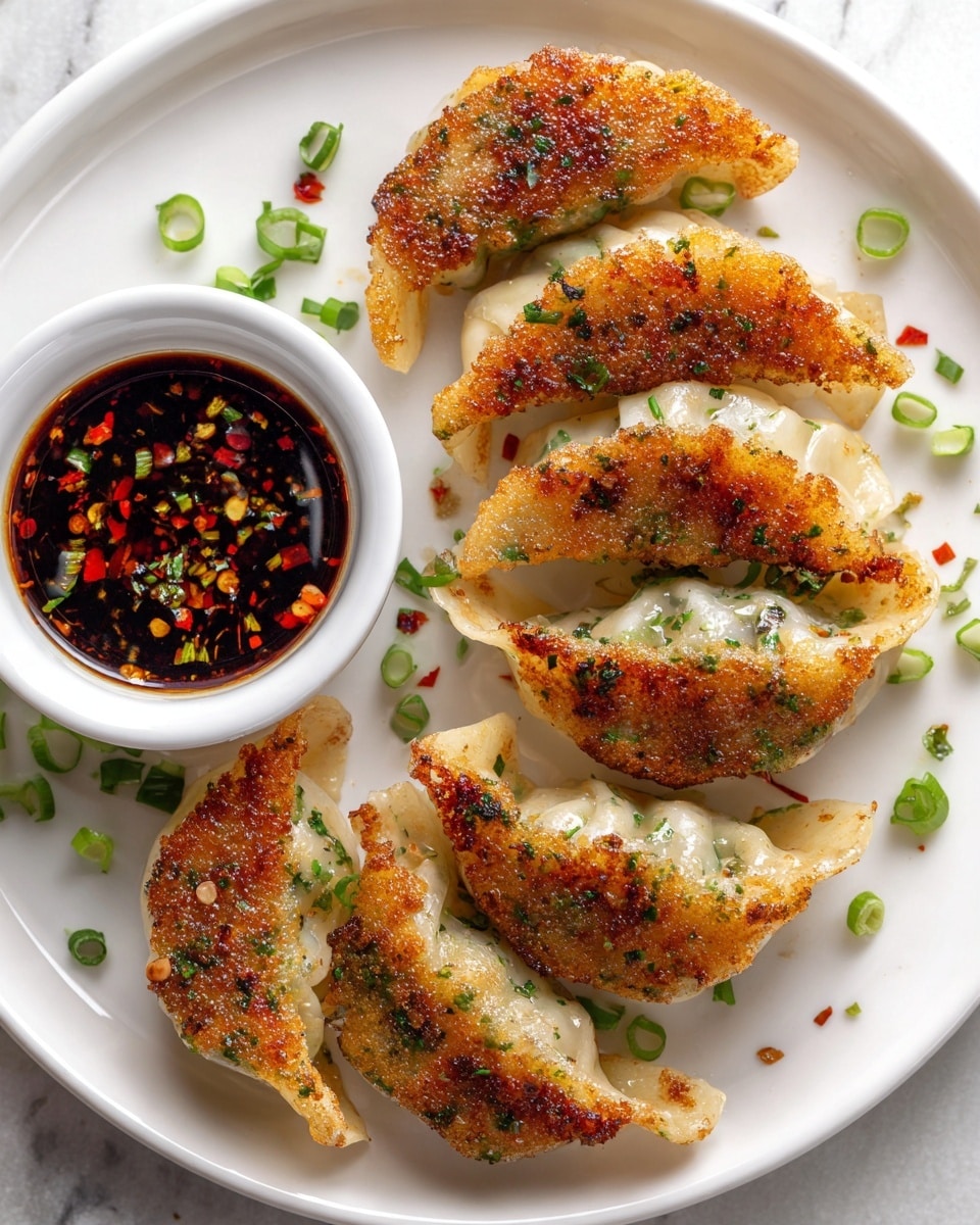 The image shows a white plate with six golden-brown pan-fried dumplings arranged in a curved line on the right side. Each dumpling has a crispy bottom with a slightly translucent, soft upper layer, sprinkled with green chopped herbs like scallions. On the left side of the plate, there is a small white bowl filled with dark soy dipping sauce, which has small bits of red chili flakes and finely chopped green onions floating in it. The plate sits on a white marbled surface, adding a clean and bright look to the presentation. Photo taken with an iphone --ar 4:5 --v 7