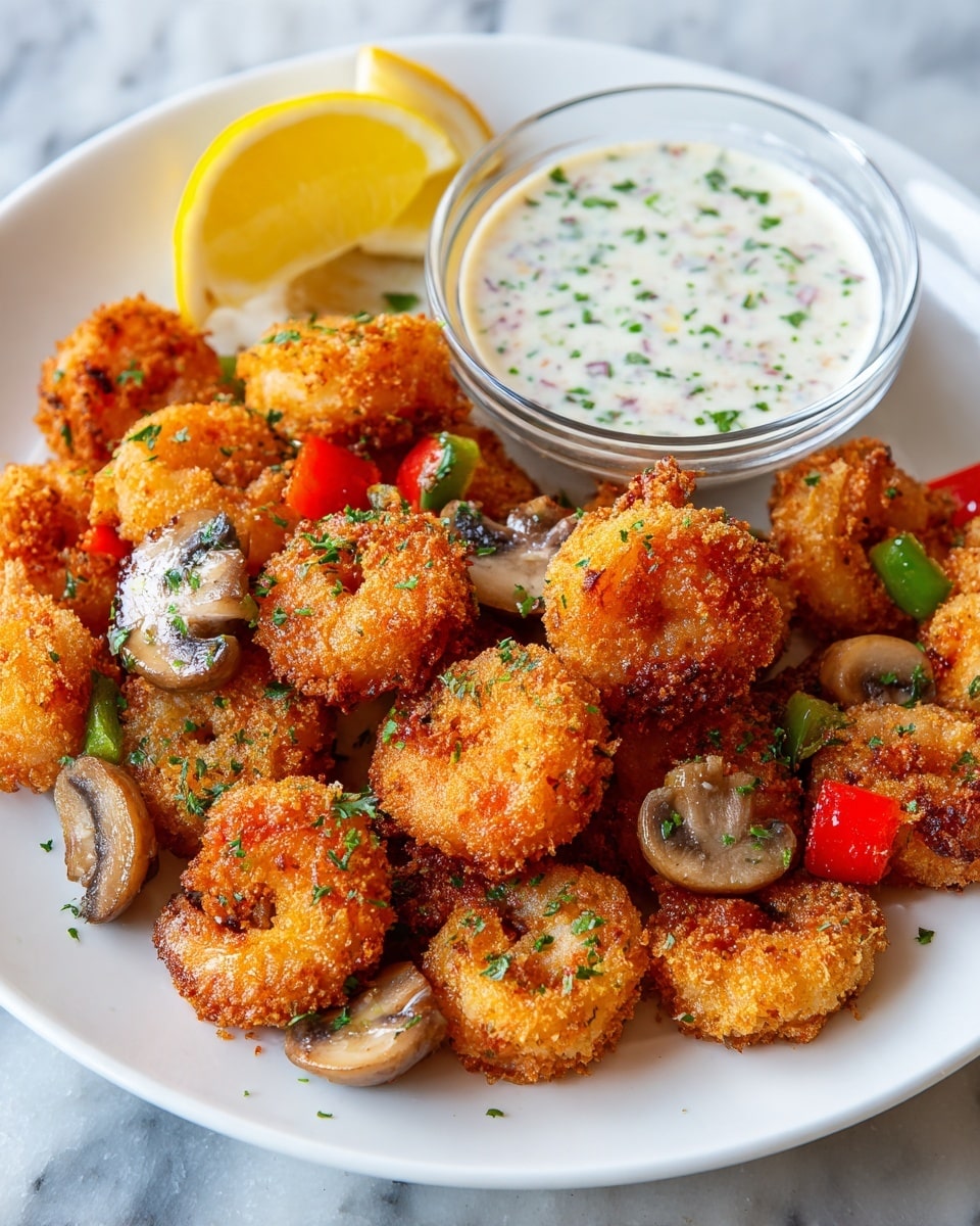 A white plate is full of golden brown fried shrimp mixed with green and red bell pepper slices and brown mushroom pieces, all sprinkled with small green herb bits. On the top left side of the plate, there is a glass bowl filled with thick white sauce that has red and green small specks, next to a wedge of lemon. The dish sits on a white marbled surface. photo taken with an iphone --ar 4:5 --v 7