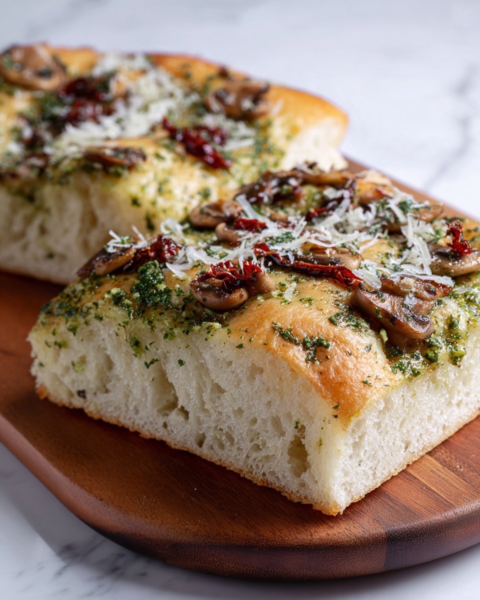 The image shows a thick slice of focaccia bread with a golden brown crust and soft, airy inside. On top of the bread, there is a layer of green herbs and pesto spread evenly, along with scattered pieces of sliced mushrooms and dried red tomatoes. Thin shavings of pale cheese are sprinkled across the surface. The bread rests on a wooden board with small herb leaves and crumbs around it. The background features a white marbled texture. photo taken with an iphone --ar 4:5 --v 7