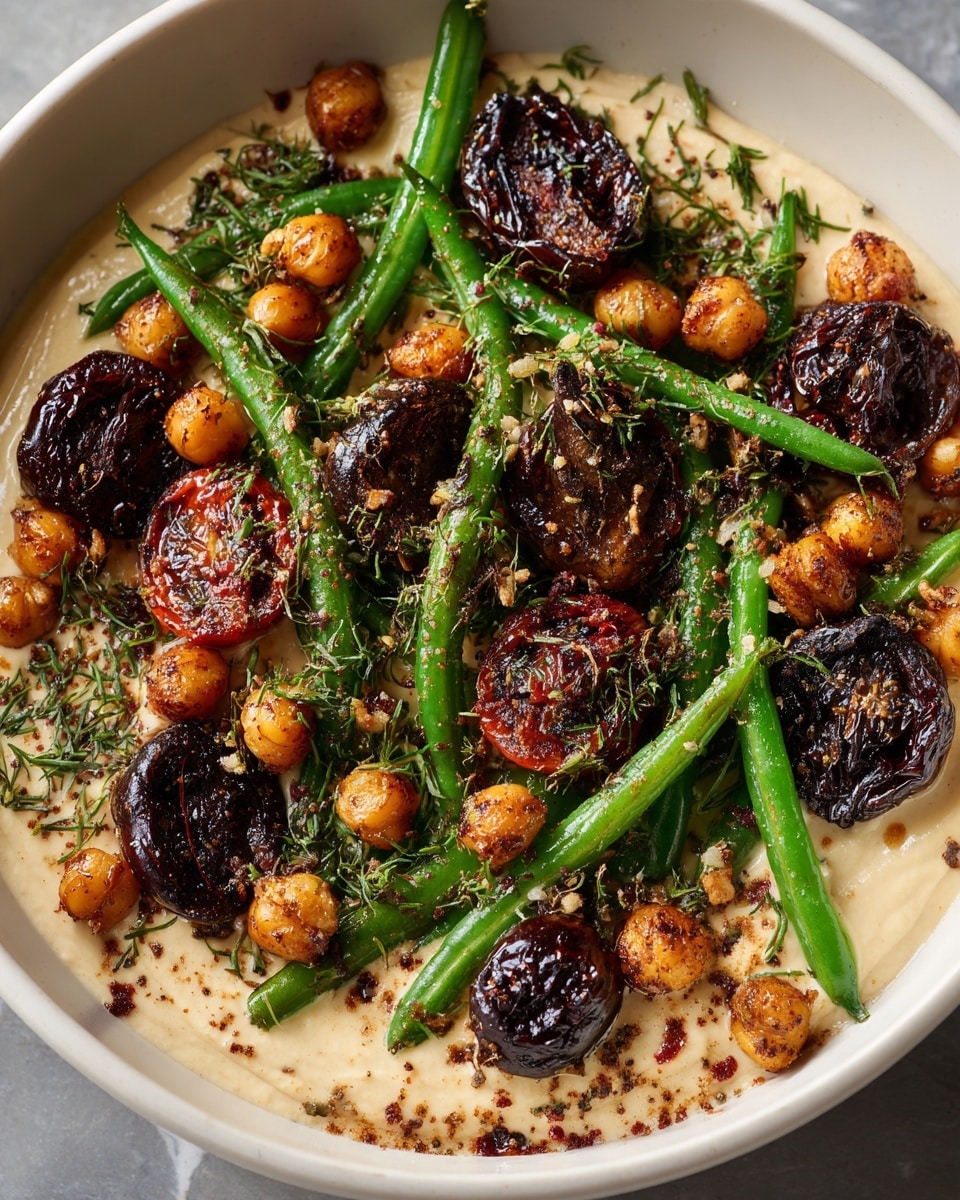 A white bowl holds a base layer of smooth, creamy white spread, topped with a mix of cooked golden brown chickpeas scattered all over. On top and around the chickpeas are vibrant red roasted cherry tomatoes with a shiny, slightly wrinkled skin. Bright green roasted green beans are arranged crossing over each other, adding some height and freshness. Dark brown roasted mushroom slices, with slightly crispy edges, are placed evenly among the vegetables. The whole dish is sprinkled with a coarse, golden seasoning that looks crunchy, and small rosemary sprigs add a touch of green. The background shows a white marbled surface. photo taken with an iphone --ar 4:5 --v 7