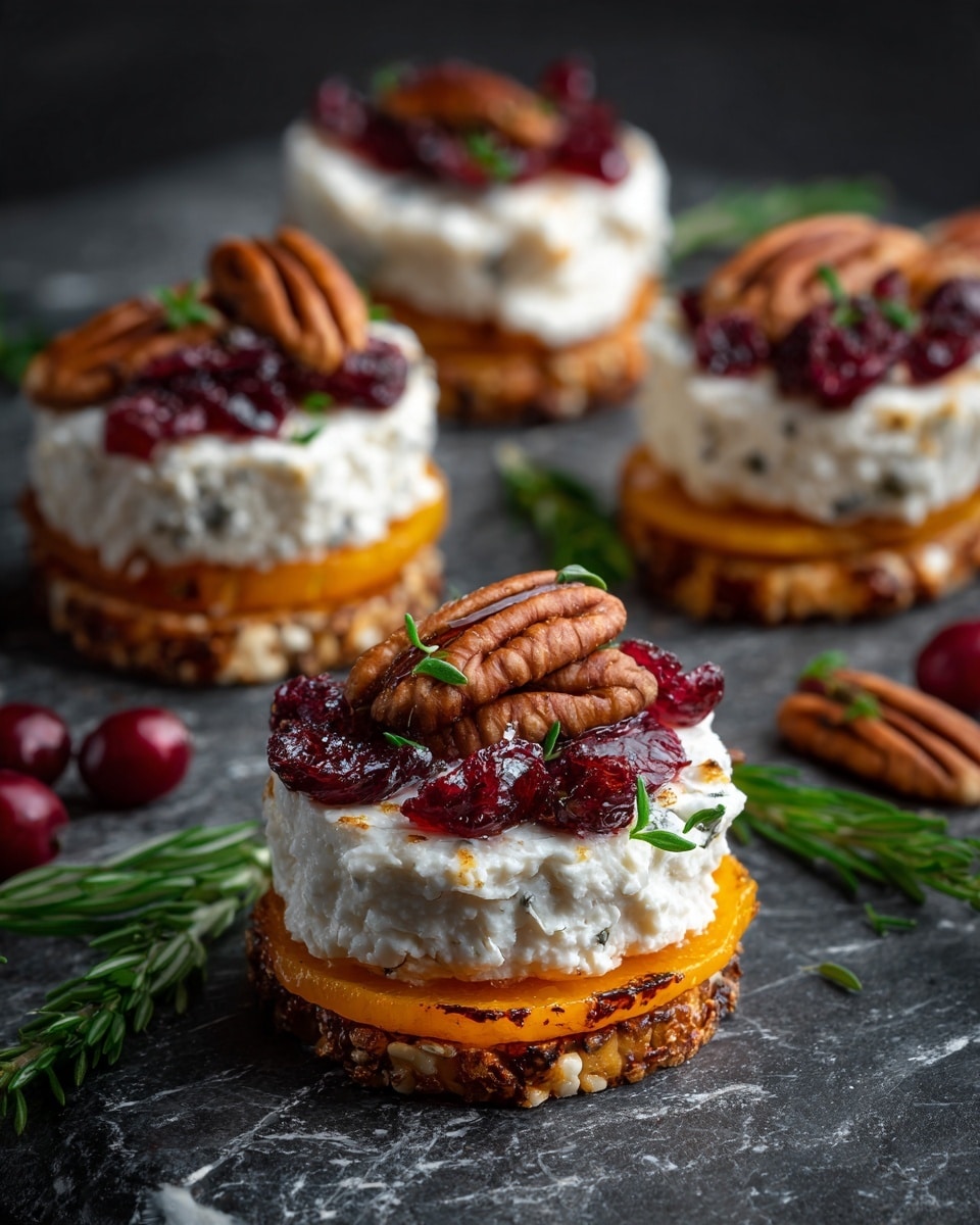 The image shows several round, orange sweet potato slices arranged closely on a dark surface with a white marbled texture. Each slice is topped with a soft white layer of cheese, which has a creamy texture. On top of the cheese, there are whole pecans and dark red dried cranberries scattered, along with small green herb leaves adding a fresh touch. The sweet potatoes have a slightly browned edge, showing they are roasted. A few sprigs of fresh green rosemary are also visible on the surface around the slices. photo taken with an iphone --ar 4:5 --v 7
