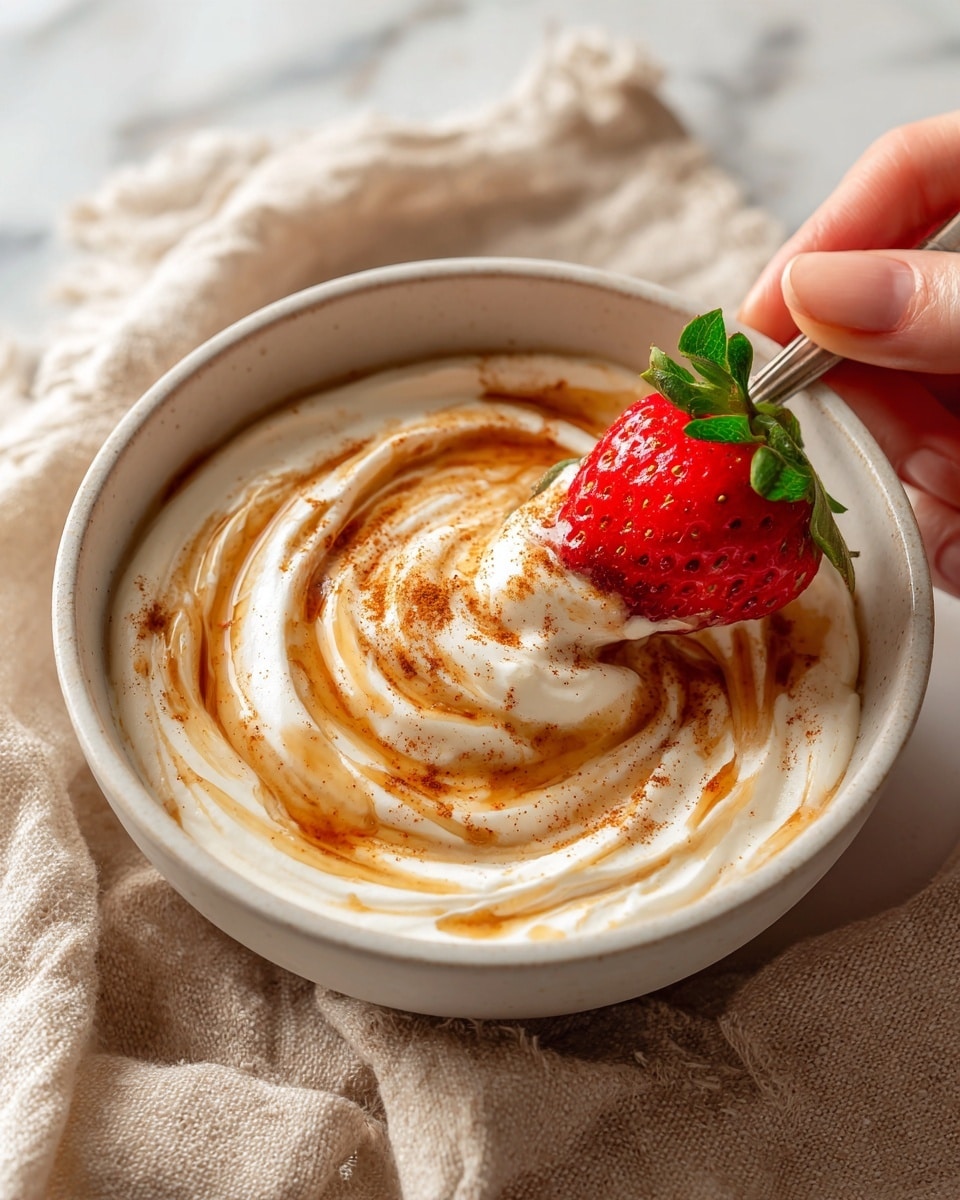 A close-up view of a white bowl filled with a thick, creamy white dip swirled with light brown cinnamon powder and smooth golden honey on top. A woman's hand is dipping a bright red strawberry with green leaves into the creamy mixture. The bowl sits on a pale beige cloth, with a slightly blurred white marbled surface background and some soft-colored out-of-focus fruit in the back. photo taken with an iphone --ar 4:5 --v 7