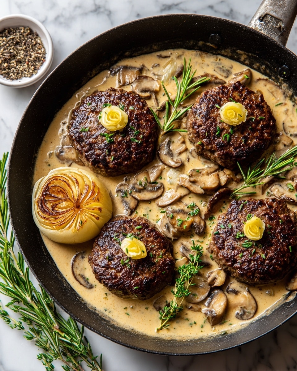 A black skillet filled with three thick, round, dark brown patties cooked to a seared texture, each topped with small pieces of golden roasted garlic and fresh green herbs. Around the patties, creamy light brown sauce with visible sliced mushrooms and small herb sprigs fill the pan. Two halves of roasted garlic heads with a golden brown roasted surface are placed near the patties. A sprig of fresh rosemary is on the right side of the skillet. The skillet sits on a white marbled texture surface. photo taken with an iphone --ar 4:5 --v 7