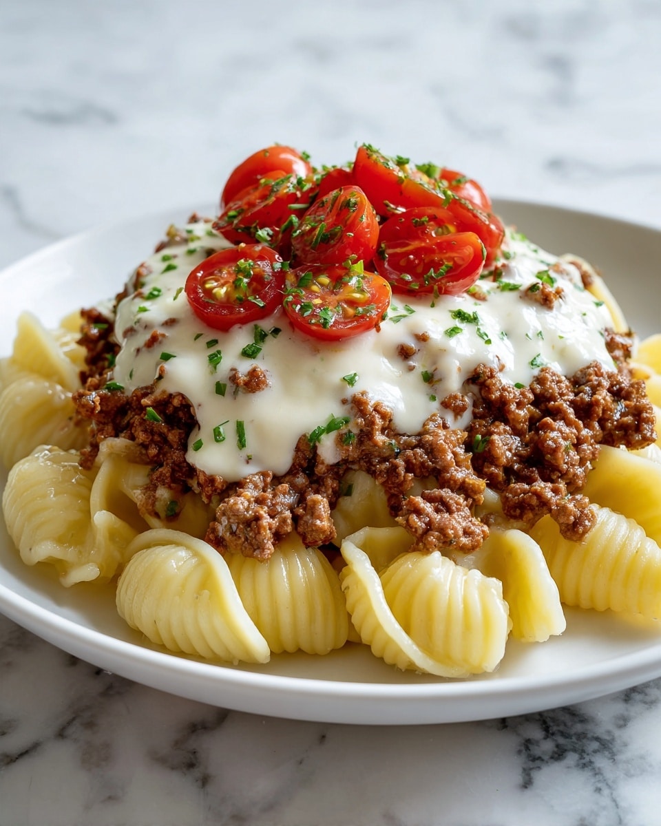 A round white plate on a white marbled surface holds a three-layer dish. The bottom layer is pale yellow shell pasta arranged loosely in a ring with some pasta inside the center. On top of the pasta is a thick layer of white creamy sauce with a smooth texture, partially visible around the edges. The next layer is a deep brown, finely ground meat sauce spread thickly and unevenly, covering most of the creamy sauce. Bright red cherry tomatoes, halved, are scattered on top along with small pieces of fresh green parsley, adding a fresh look. There is a spoon resting on the right side of the plate. Photo taken with an iphone --ar 4:5 --v 7
