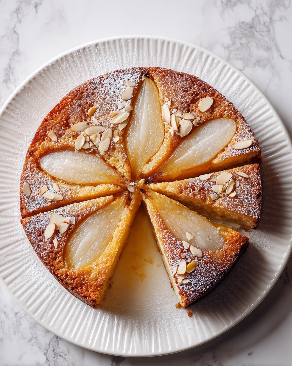 A round pear tart with four large sections, each filled with thin, golden-brown pear slices arranged vertically like a fan. The tart crust is thick, dark golden at the edge, and dusted with white powdered sugar. Almond slices are scattered over the top, adding a light tan contrast to the warm color of the pears and crust. The tart rests on a white plate that has a slightly ridged edge, all placed on a white marbled surface. photo taken with an iphone --ar 4:5 --v 7
