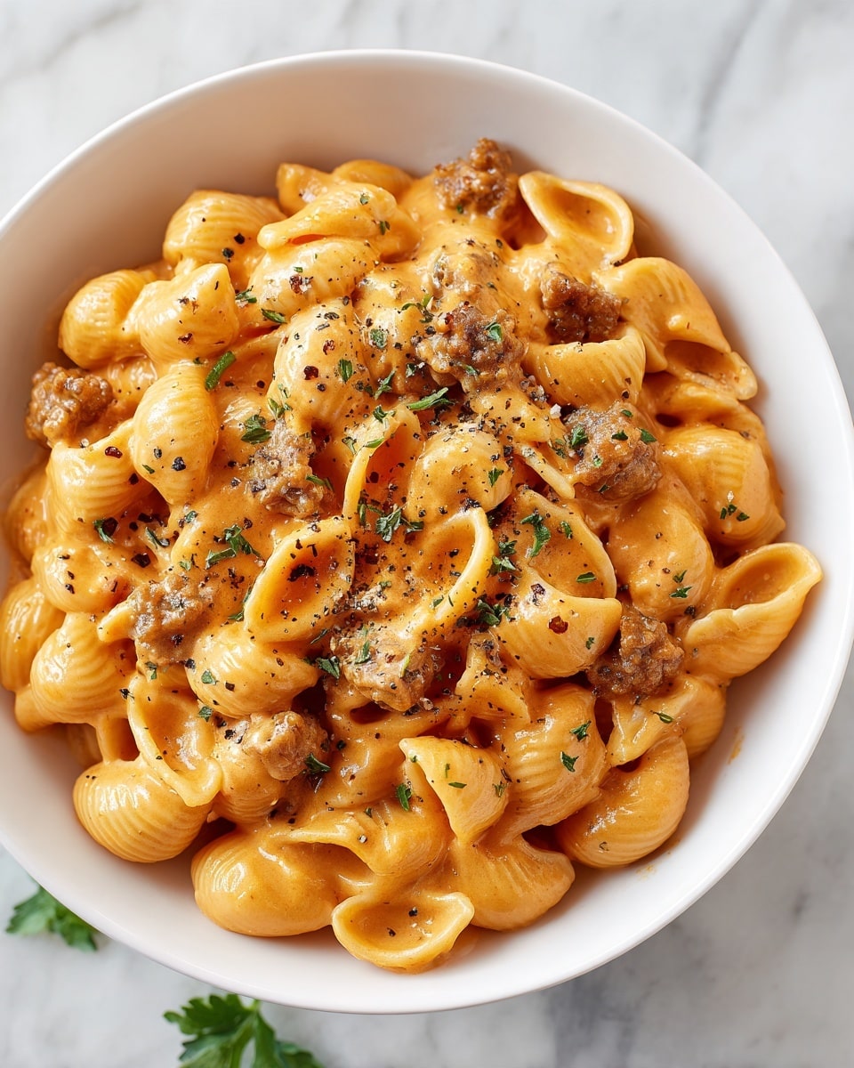 The image shows a close-up of a white plate filled with creamy macaroni pasta. The pasta is coated in a thick, smooth orange sauce with small pieces of browned meat mixed in. The top layer is sprinkled with black pepper and green herbs for color contrast. The white plate is placed on a white marbled surface with some green leaves visible on the side. The focus is on the rich texture and creamy shine of the pasta and sauce photo taken with an iphone --ar 4:5 --v 7