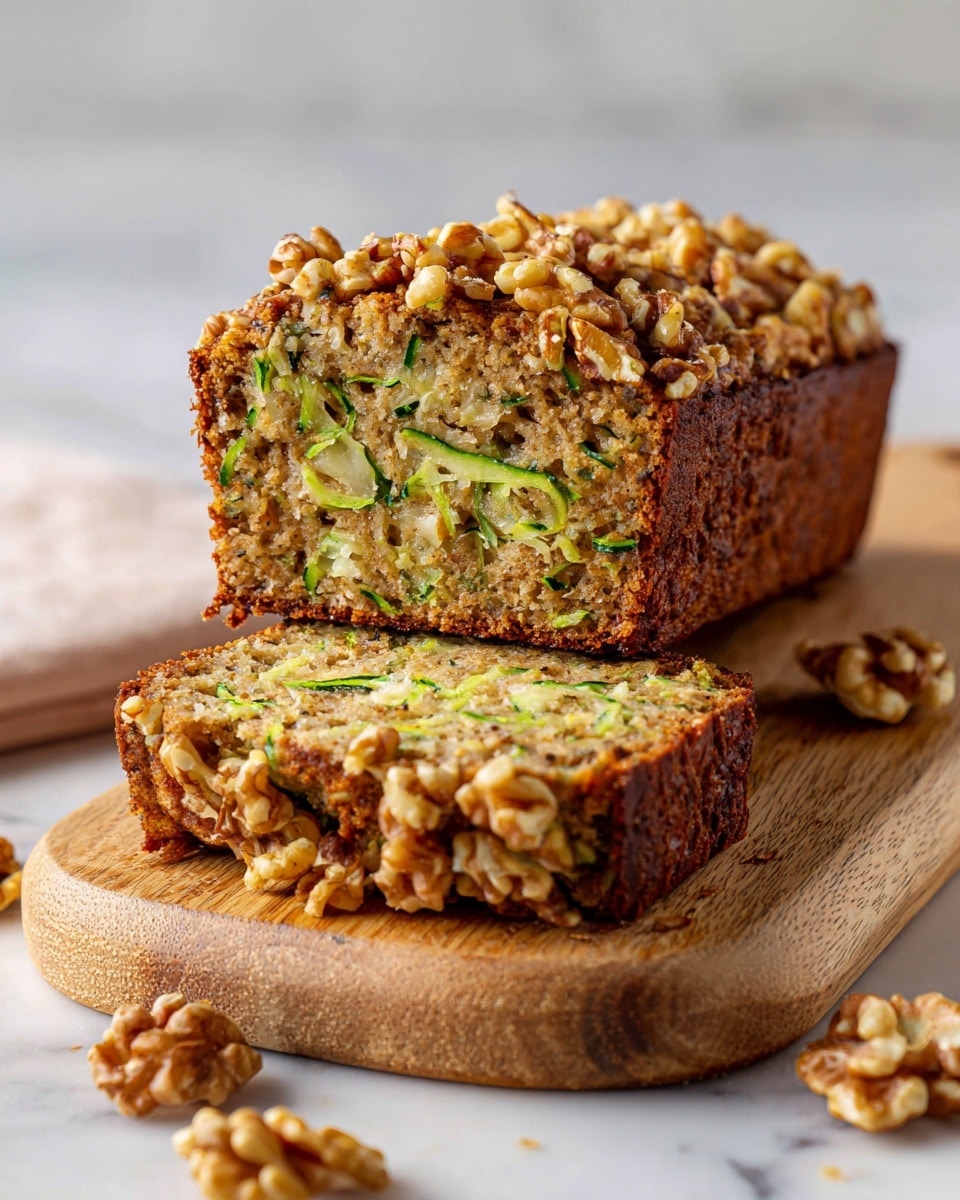 A close-up of a loaf of zucchini bread on a white marbled surface, with one thick slice cut and placed in front of the loaf. The bread has a dense texture with visible green zucchini pieces and walnut chunks inside. The top layer is golden brown with a rough texture, sprinkled generously with chopped walnuts. The crust looks slightly crispy and darker brown on the sides, while the interior shows a moist, airy crumb with bits of zucchini and nuts throughout. Photo taken with an iphone --ar 4:5 --v 7