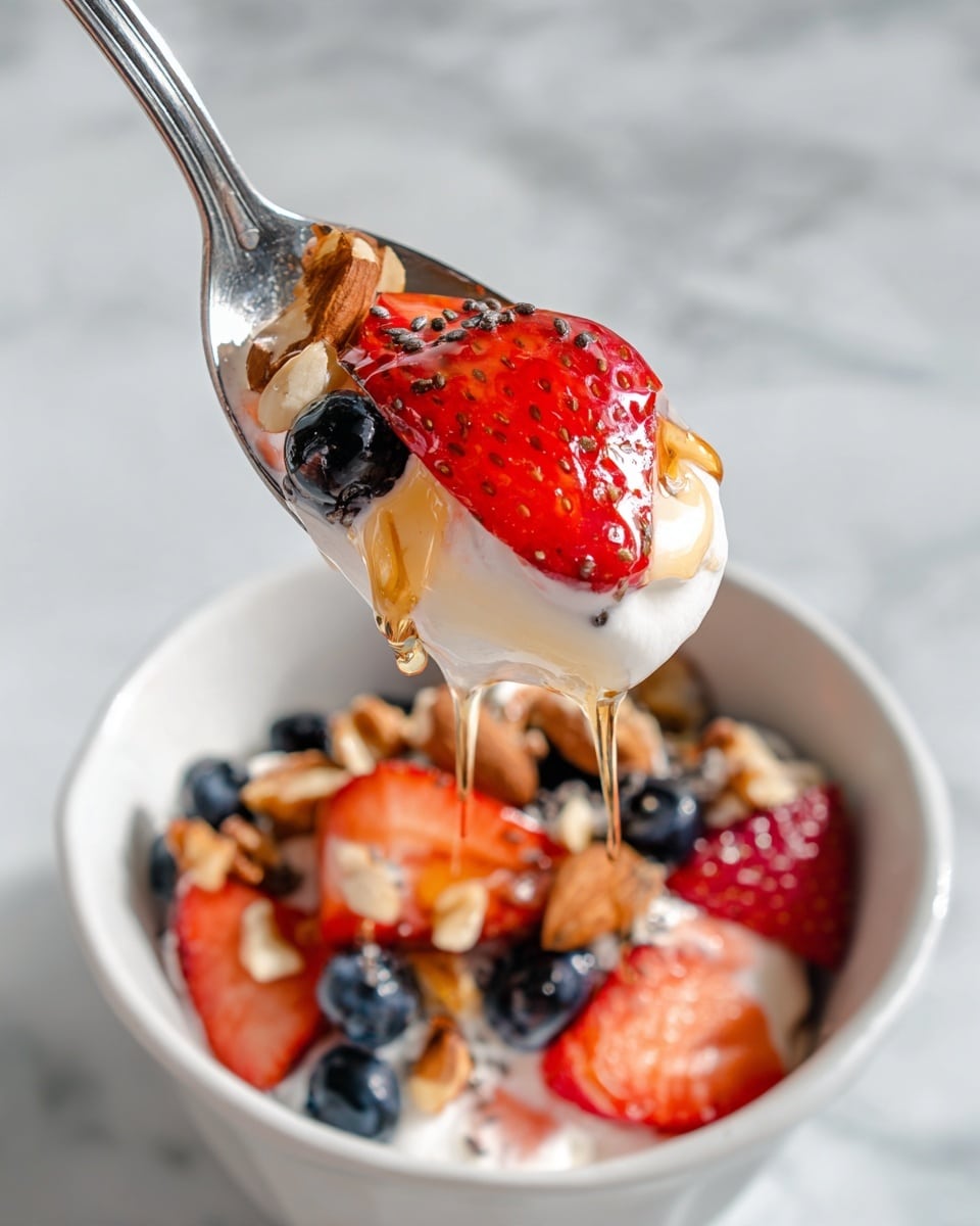 A close-up view of a spoonful of creamy white yogurt layered with bright red strawberry pieces, dark blue blueberries, small black chia seeds, and golden brown pecan nuts, all glistening with a thin drizzle of honey that forms a shiny drop at the bottom. The spoon is above a white bowl filled with the same ingredients, resting on a white marbled surface. Photo taken with an iphone --ar 4:5 --v 7