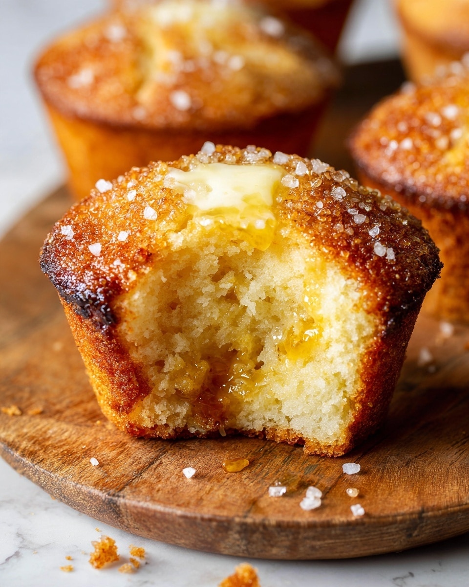 A close-up shot of a half-eaten golden brown muffin resting on a wooden board, showing a soft and airy inside with a layer of melted butter in the center. The top of the muffin has a crunchy caramelized sugar crust with a dark golden color and rough texture. Small crumbs are scattered around the muffin on the wooden surface. The background is softly blurred with warm tones, focusing fully on the muffin's moist and textured layers photo taken with an iphone --ar 4:5 --v 7