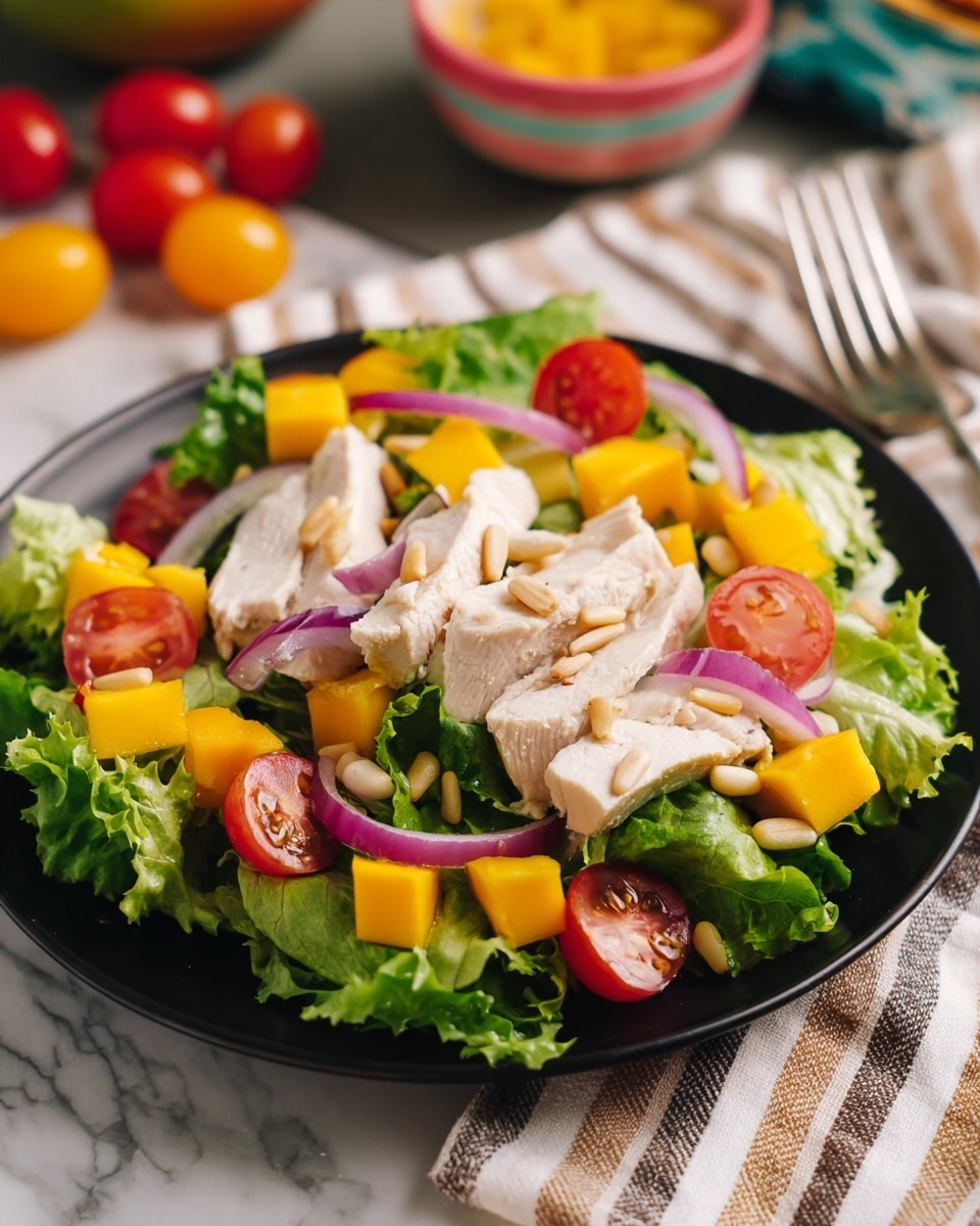 A fresh salad is presented on a white plate with a dark matte finish, placed on a white marbled textured surface. The bottom layer is bright green leafy lettuce, fresh and crisp, spread evenly on the plate. On top, there are halved red cherry tomatoes scattered around, adding pops of vibrant color. Small chunks of yellow mango are spread among the lettuce and tomatoes, bringing a juicy texture. Thin slices of pale white cooked chicken pieces rest on the salad, placed slightly off-center. There are thin slices of purple onion and a few light pine nuts sprinkled over everything, adding subtle detail. The scene includes part of a woman's hand on the side, and a white bowl with more greens in the background, along with a small bunch of cherry tomatoes and a striped orange bowl near the top right corner. photo taken with an iphone --ar 4:5 --v 7