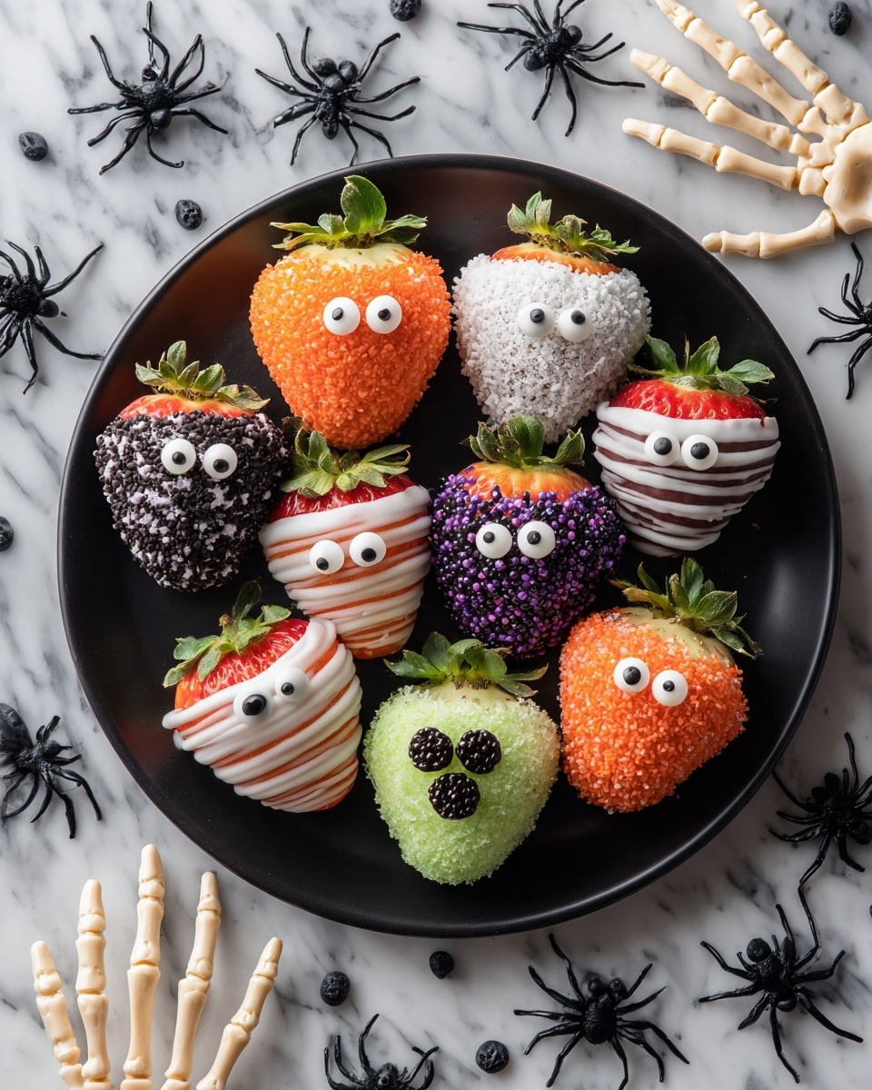 A black plate holds ten decorated strawberries on a white marbled surface with plastic black spiders and beige skeleton hands nearby. The strawberries have many layers: two are covered in white chocolate with white candy eyes and white chocolate lines to look like mummies; two have white chocolate with a chocolate chip nose and candy eyes like surprised faces; two are coated in green sugar with candy eyes; two are dipped in dark chocolate and covered with orange, purple, and green small round sprinkles; and two are dipped in white chocolate and rolled in orange sugar with candy eyes. All strawberries keep green leaves on top. Photo taken with an iphone --ar 4:5 --v 7