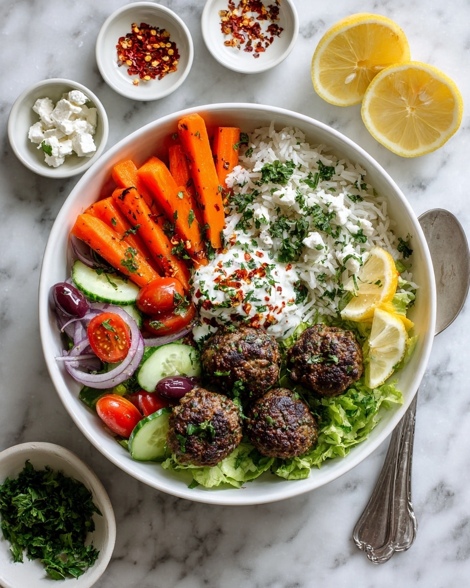 A white bowl on a white marbled surface holds a colorful meal with six main parts: tender orange carrot sticks on the top left, fluffy white rice sprinkled with green herbs and a few red flakes in the top middle, dark brown meatballs with a slightly rough texture on the top right, a creamy white sauce with green herbs in the middle, a fresh salad of sliced cucumbers, halved cherry tomatoes, and onion pieces with white cheese crumbles on the bottom left, and shredded green lettuce with two lemon wedges on the bottom right. A silver spoon rests inside the bowl near the meatballs and lettuce, and small bowls with chopped green herbs and chili flakes are on the top right of the frame. Photo taken with an iphone --ar 4:5 --v 7