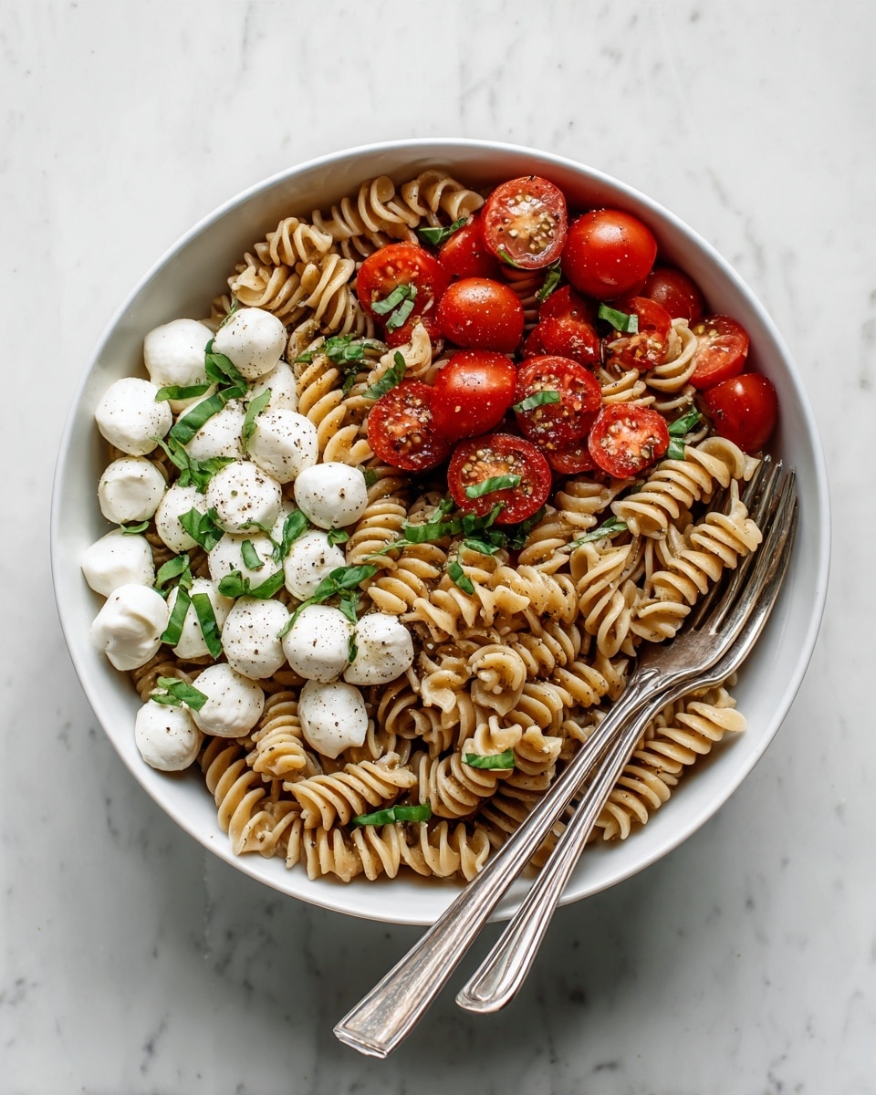 A white bowl holds three main layers: at the bottom are light golden spiral pasta pieces, the middle layer has bright red cherry tomato halves and white small mozzarella balls, and on top is a sprinkle of fresh green basil pieces with a light drizzle of olive oil and ground black pepper, all mixed together. Two metal forks are partially inserted into the pasta, positioned on the right side of the bowl. The bowl is placed on a white marbled surface with a few scattered basil leaves around it. photo taken with an iphone --ar 4:5 --v 7