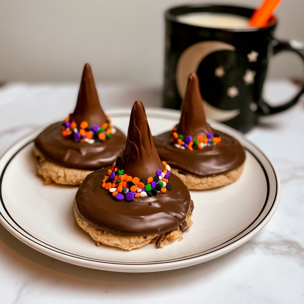 Three small round cookies are each covered with a smooth layer of dark chocolate, topped with a pointy Hershey's kiss in the center. Around the base of each chocolate kiss, there are colorful sprinkles in orange, green, purple, white, and black, arranged in a circle. These cookies are placed on a white plate with a thin dark rim, sitting on a white marbled surface. In the background, there is a black mug with the words