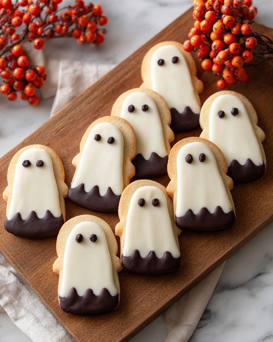 The image shows a wooden board holding eight ghost-shaped cookies arranged neatly in rows. Each cookie has two layers: a light tan base that is a soft, textured baked cookie, and a smooth, white coating covering the upper two-thirds to create the ghost body. On the white part, small dark chocolate dots form simple eyes and an open mouth, adding a playful ghost face expression. The bottom edge of each cookie has a dip of darker chocolate, adding contrast and a finishing touch. There is also a small bunch of red and orange round berries in the top left corner. The surface beneath the board has a white marbled texture. Photo taken with an iphone --ar 4:5 --v 7