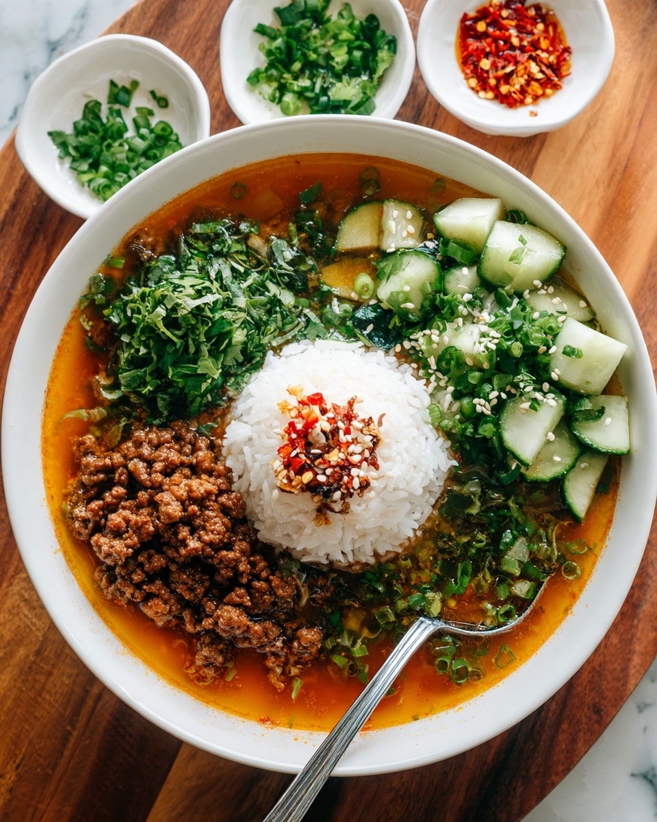 A white bowl on a white marbled surface holds a layered dish. The bottom layer is a light orange broth with green herbs and small cucumber pieces floating in it. On one side, there is a mound of light brown rice topped with chopped green onions, fresh green herbs, sesame seeds, and red chili flakes. Next to it, there is a pile of dark brown cooked ground meat sprinkled with sesame seeds and chili flakes. A silver spoon rests on the meat side of the bowl. In the background, three small bowls with green onions, red chili flakes, and a brown sauce are partly visible. Photo taken with an iphone --ar 4:5 --v 7