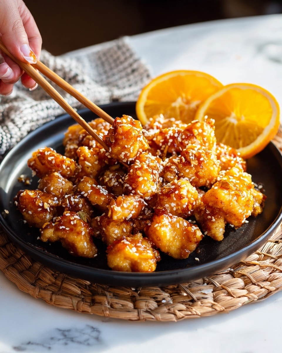 A round black plate holds many pieces of golden brown fried chicken coated in shiny orange sauce and sprinkled with white sesame seeds. On the top right of the plate, two bright orange slices rest, adding a fresh contrast. A woman's hand uses light wooden chopsticks to lift one piece of the chicken, showing its glossy texture. The plate sits on a white marbled surface with a natural light setting. photo taken with an iphone --ar 4:5 --v 7