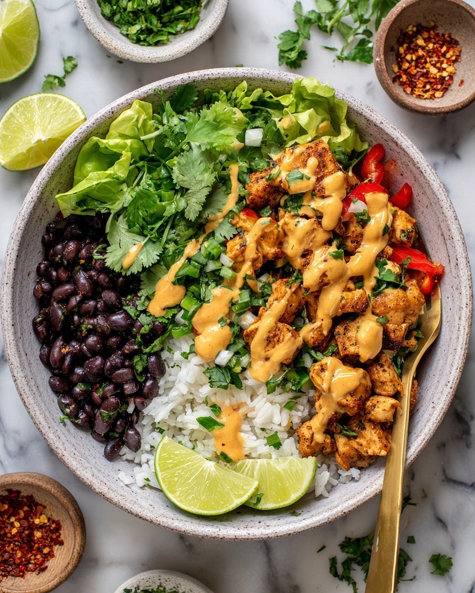 A white bowl sits on a white marbled surface filled with a layered dish. The bottom layer is white rice with some red and green bits mixed in, topped with black beans scattered on one side and chopped green lettuce on another. There is a generous layer of cooked pieces of brown grilled chicken mixed with sautéed green and red bell peppers along the center. Fresh chopped cilantro is sprinkled over the top, with a light drizzle of creamy light orange sauce covering the meat and vegetables. On the side of the bowl are two lime wedges. A gold fork is placed inside the bowl toward the front right. In the background are two small white bowls: one with chopped green herbs and one with red chili flakes. Photo taken with an iphone --ar 4:5 --v 7