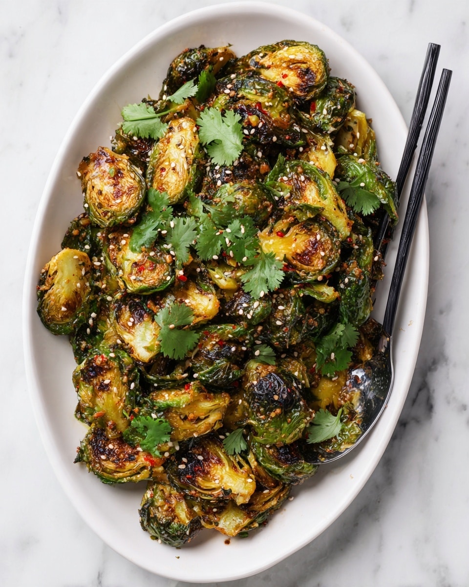 In a white bowl on a white marbled surface, there is a pile of roasted Brussels sprouts, cut in halves and quarters, showing a mix of golden brown crisp edges and bright green inner leaves. The Brussels sprouts are topped with white sesame seeds and small red chili flakes, with some fresh green herb leaves scattered through the dish. To the right side of the bowl, a pair of black chopsticks is resting on the edge. The image is closely framed, focusing on the textures and colors of the Brussels sprouts and toppings. photo taken with an iphone --ar 4:5 --v 7