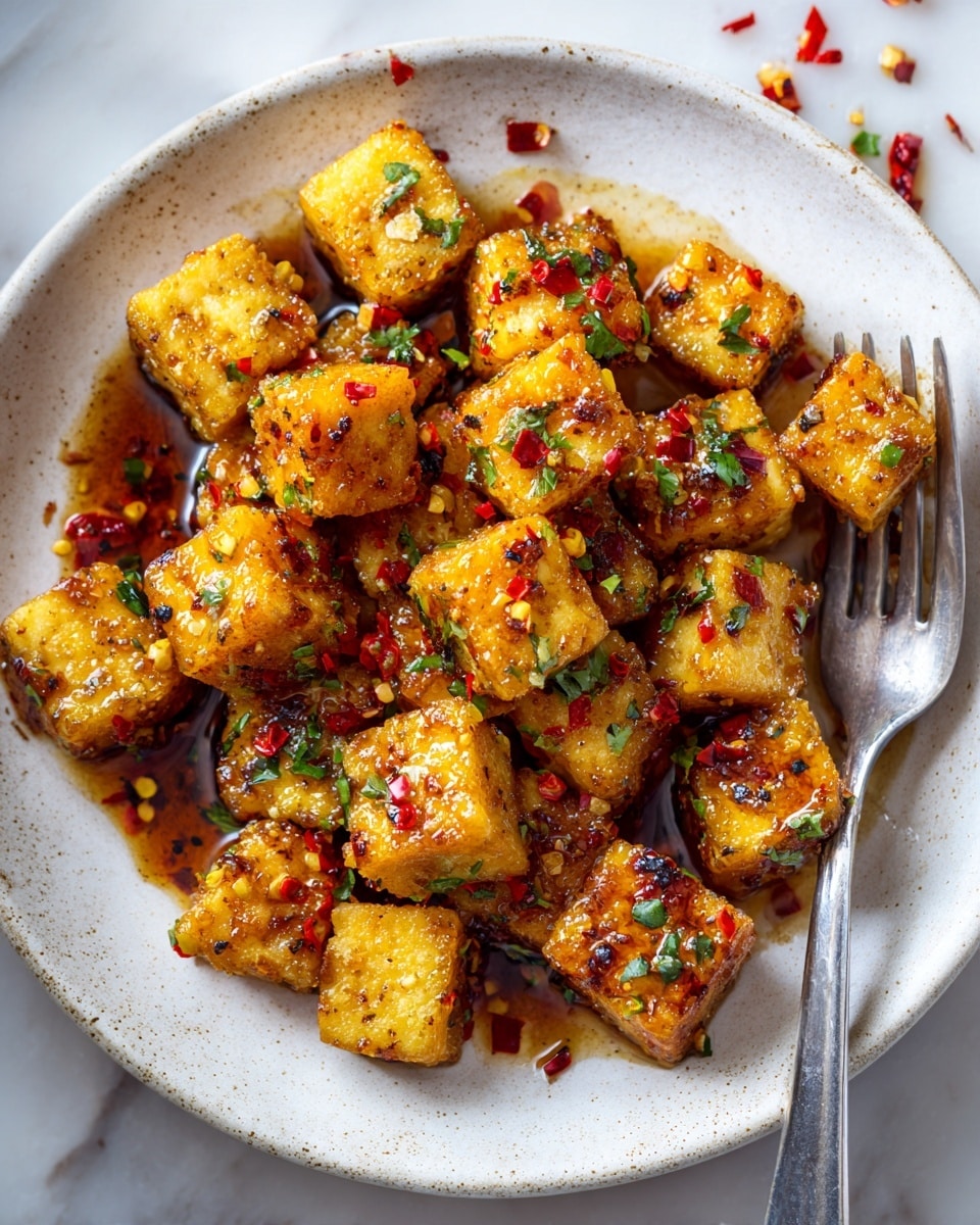 A white round plate holds many small, golden brown tofu cubes stacked loosely in a mound. Each cube is covered with a sticky, shiny dark orange sauce that glistens under the light. Bright red chili flakes and small green chive pieces are sprinkled generously on top and around the tofu, adding color contrast. A silver fork rests on the bottom right side of the plate, partially under the tofu. The plate sits on a white marbled surface with some scattered chili flakes around. photo taken with an iphone --ar 4:5 --v 7