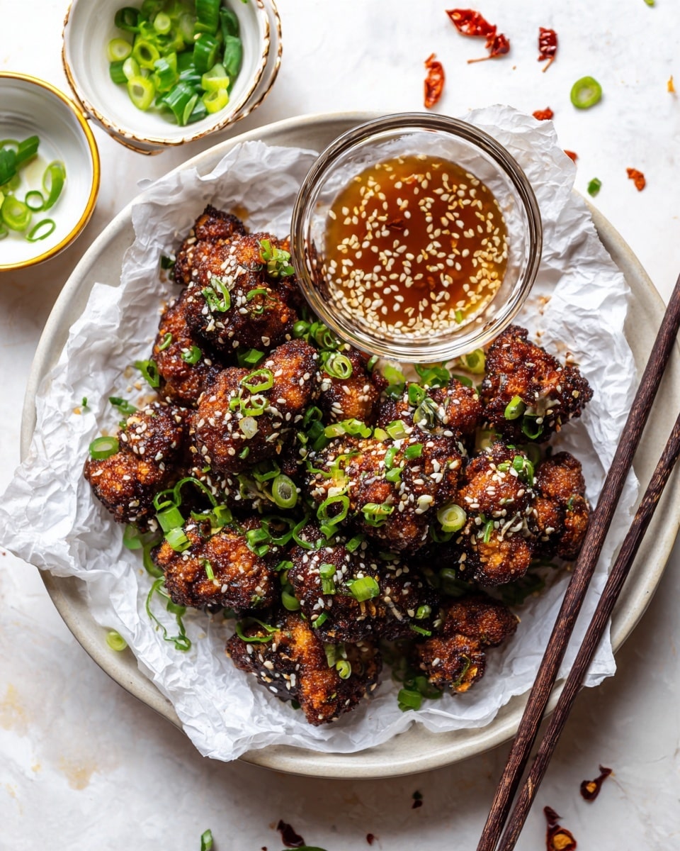 A white plate lined with crumpled white parchment paper holds several pieces of dark brown crispy fried cauliflower tossed in a shiny glaze, sprinkled with sesame seeds and bright green chopped scallions scattered all over. In the center of the plate, there is a small clear glass bowl filled with a sauce topped with sesame seeds. To the upper left on the white marbled surface, there is a small white bowl containing extra chopped scallions, some spilled on the surface. At the bottom right, a pair of black chopsticks lay diagonally across the white marbled texture with a few green scallion pieces and red chili flakes scattered around. photo taken with an iphone --ar 4:5 --v 7