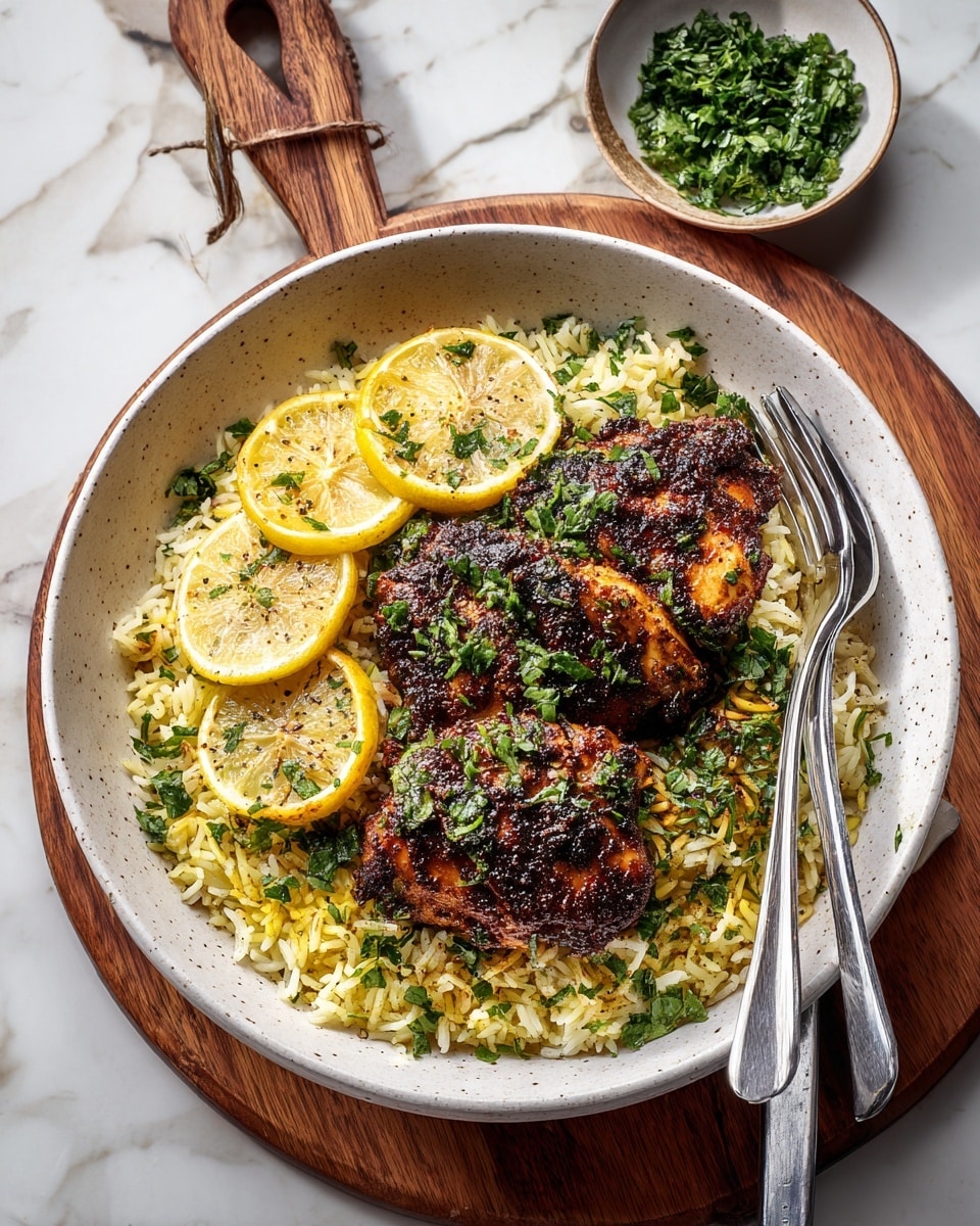 A white bowl holds a bed of light yellow rice with small green herb pieces mixed in, topped with two brown, well-seasoned roasted chicken pieces that have a slightly crispy texture and are sprinkled with chopped green herbs and red chili flakes. On the left side of the chicken, there are three thin, bright yellow lemon slices placed on the rice, also sprinkled with green herbs. Two silver forks rest on the right side of the bowl, angled towards the bottom right corner. The bowl sits on a wooden surface set against a white marbled background, with a small bowl of chopped green herbs in the upper right corner and the bottom left corner featuring a beige fabric. photo taken with an iphone --ar 4:5 --v 7