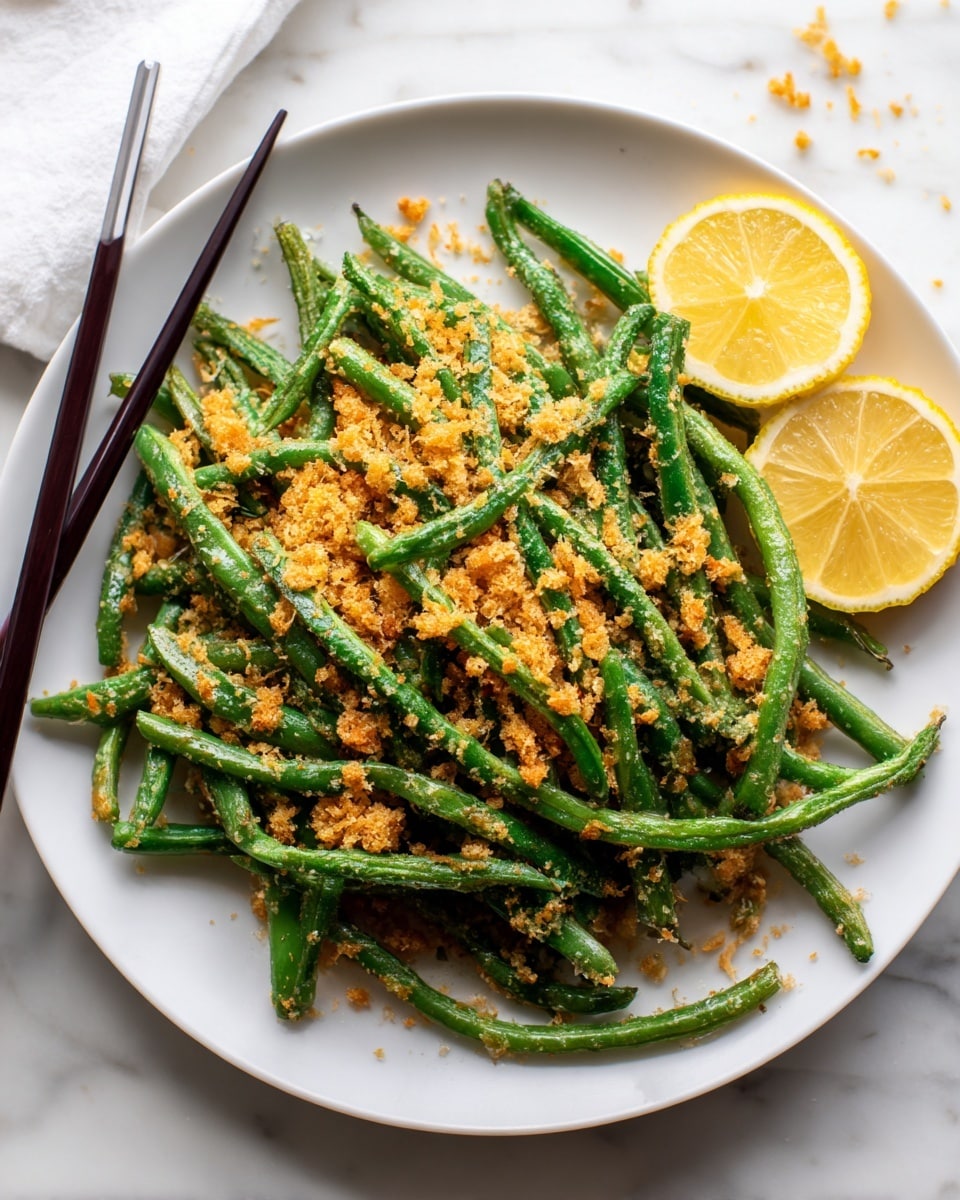 A white bowl filled with bright green roasted green beans covered with a layer of golden brown crispy crumbs and sprinkled with white grated cheese. On the right side of the bowl, there are two thin lemon slices leaning against the green beans. Black chopsticks rest on the edge of the bowl on the left side. The bowl sits on a white marbled surface with some crumbs scattered around. In the background, there are stacked white bowls that are slightly out of focus. Photo taken with an iphone --ar 4:5 --v 7