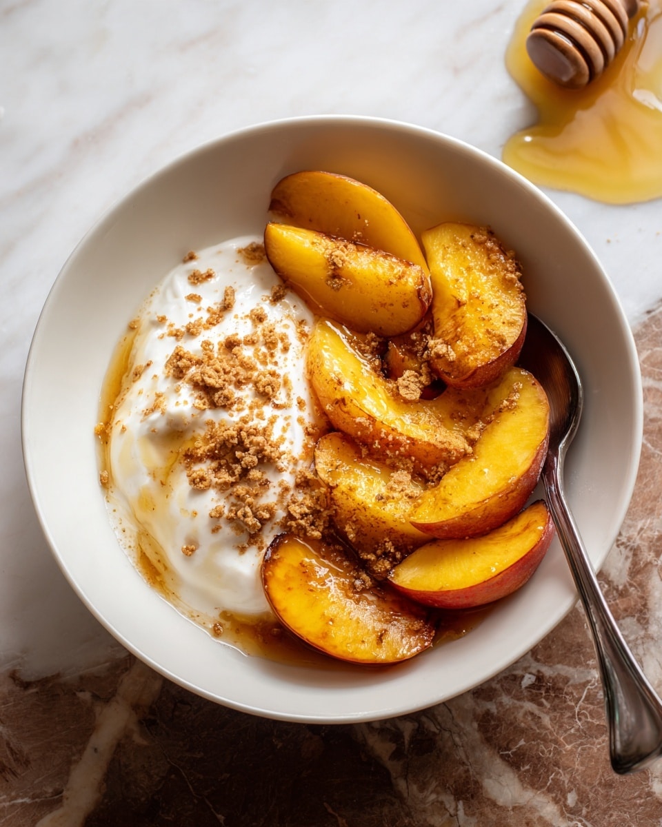 A white bowl sits on a white marbled surface, filled mostly with caramelized peach slices that are deep orange-red with a slightly crispy browned texture, piled on the right side; on the left side, there is a creamy white layer of yogurt or cream with a silky, smooth texture. Crumbled brown bits are sprinkled lightly over both the fruit and the creamy layer. A silver spoon rests inside the bowl on the bottom right. The overall look is warm and inviting with a mix of smooth and crispy textures. Photo taken with an iphone --ar 4:5 --v 7