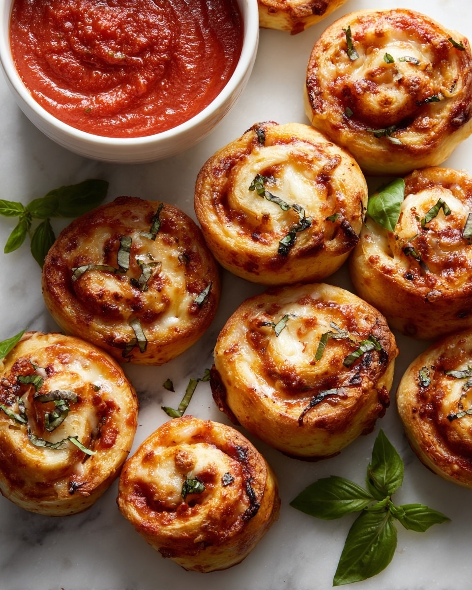 The image shows many small pizza rolls placed closely on a white marbled surface, each roll having three visible layers: a golden-brown crust forming the base and outer edge, a middle layer of bright red tomato sauce swirled through, and a top layer of melted cheese with scattered small green basil pieces and light sprinkles of white cheese. In the top left corner, there is a white bowl filled with thick red tomato sauce. Fresh green basil leaves are placed decoratively around the pizza rolls. The overall look is colorful and inviting, with a clear view of the spiral shapes in each pizza roll. Photo taken with an iphone --ar 4:5 --v 7