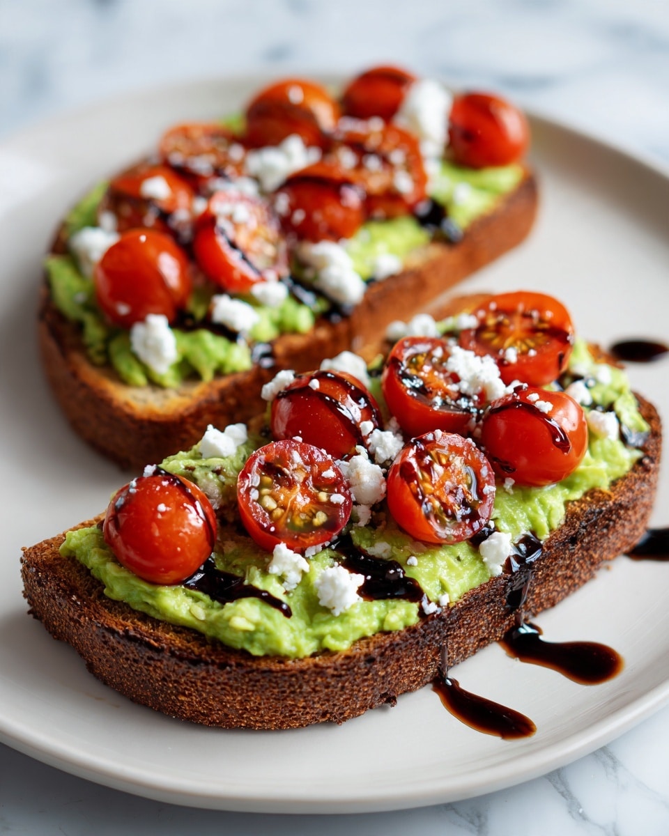 The image shows two slices of toasted bread placed on a white plate with a white marbled texture surface underneath. Each slice is covered with a thick layer of green mashed avocado. On top of the avocado, there are several bright red cherry tomato halves evenly spread. Crumbled white cheese is sprinkled over the tomatoes and avocado, adding texture and contrast. A dark balsamic glaze is drizzled across the slices, creating thin irregular lines over the toppings. The toast has a golden brown crust, and the plate is set against a soft, blurred background. photo taken with an iphone --ar 4:5 --v 7