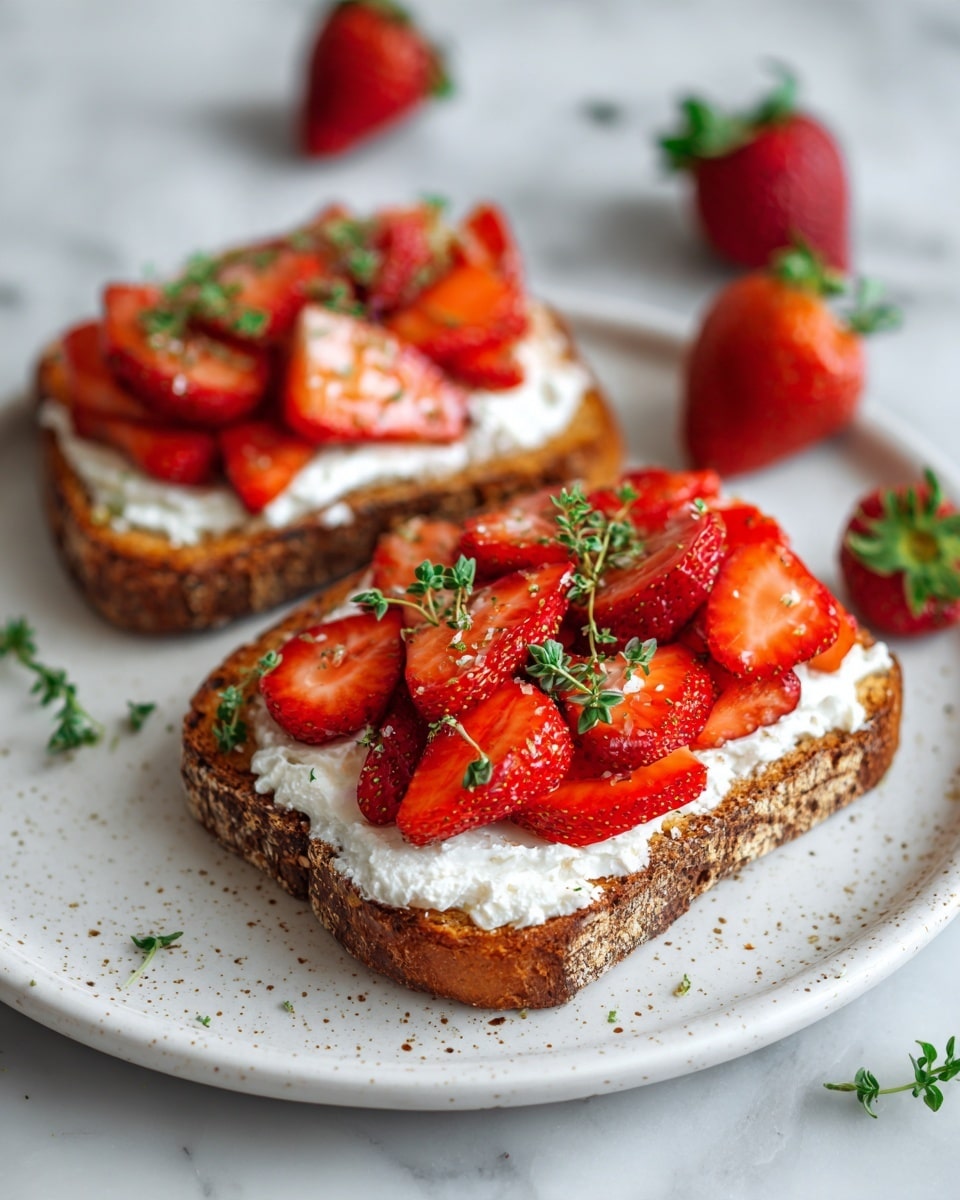 Two pieces of toasted bread are placed on a white plate with small colorful specks. Each toast has a thick layer of white creamy spread, topped with bright red sliced strawberries arranged neatly. Small green herb leaves and black seeds are sprinkled over the strawberries and spread, adding texture and color contrast. The plate sits on a white marbled surface with a few whole strawberries and scattered green herb leaves nearby. The lighting highlights the freshness and vivid colors of the dish. photo taken with an iphone --ar 4:5 --v 7