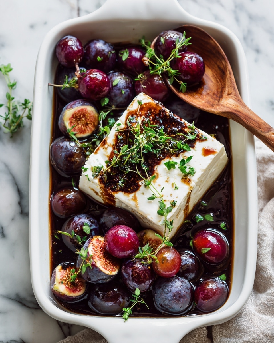 A white shallow dish filled with dark purple grapes and whole figs, some cut in half showing their pinkish-orange inner flesh with detailed seeds. In the middle lies a large square piece of white soft cheese topped with a glossy, deep brown charred sauce and specks of spice, garnished with small green herb sprigs. A wooden spoon rests diagonally on the cheese, with some grapes, fig pieces, and sauce on it. The dish is set on a white marbled surface. photo taken with an iphone --ar 4:5 --v 7