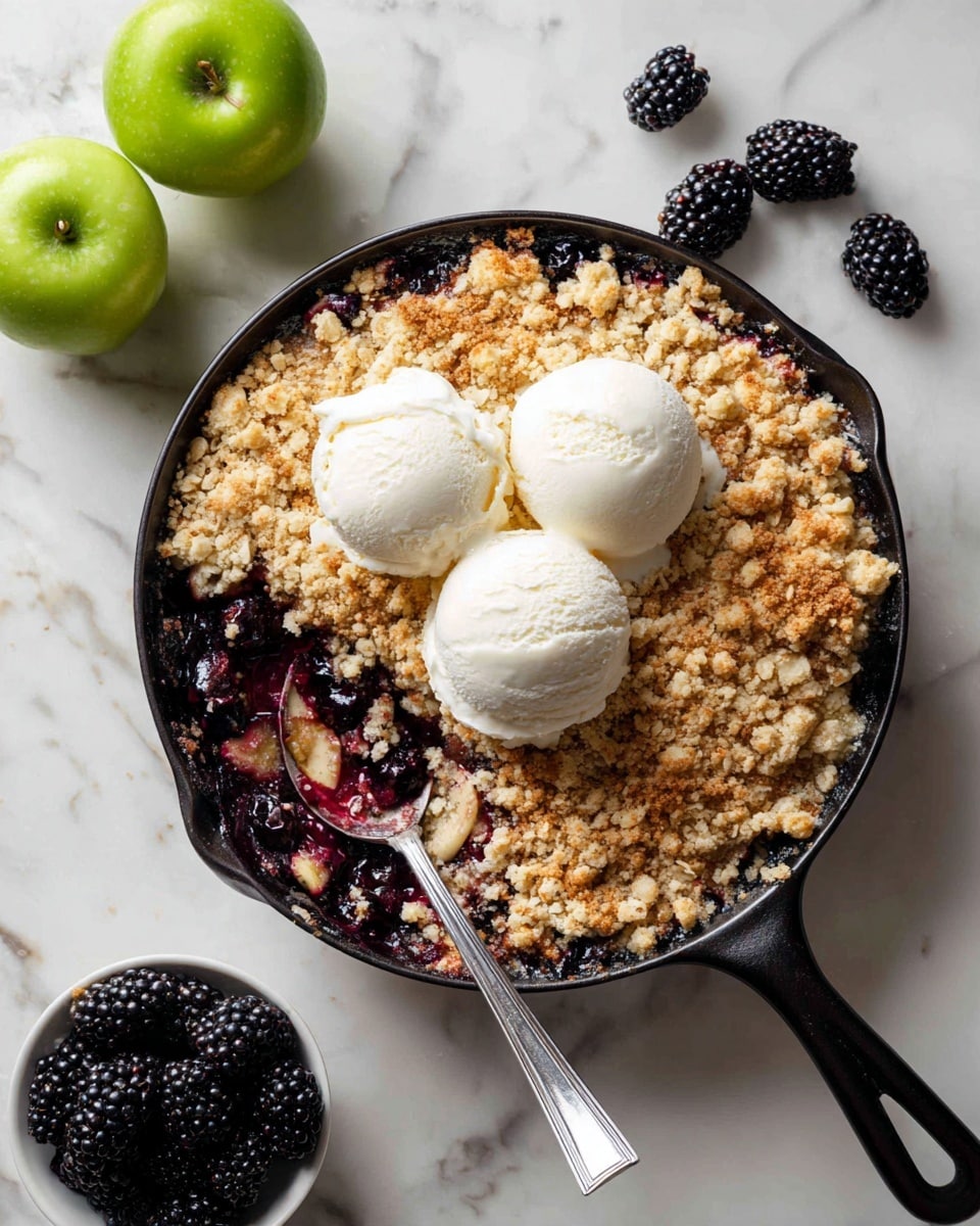 A black cast iron skillet filled with a warm fruit crumble showing a textured golden-brown oat topping layered over a mix of dark red and purple cooked berries. Two rounded scoops of smooth, white ice cream sit on top of the crumble near the edge of the skillet. A silver spoon with some crumble and red fruit juice rests inside the skillet on one side. Around the skillet, there are bright green apples and a white bowl filled with shiny blackberries, all placed on a white marbled surface. photo taken with an iphone --ar 4:5 --v 7