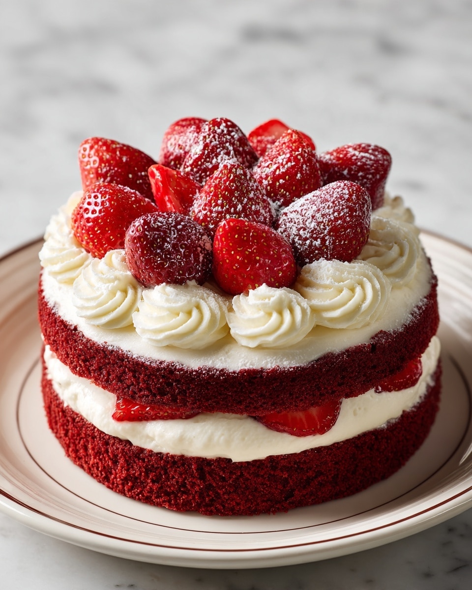 A round cake with two red sponge layers, visible only at the sides where red crumbs decorate the border. Between the layers is a thick white cream filling. The top layer is covered with dollops of white cream placed evenly around the edge. On top of the cream, there is a ring of whole red strawberries, some cut in half showing their juicy inside, arranged with their pointed ends facing upwards. In the center of the cake, there is a whole strawberry with green leaves on top. A light dusting of white powder covers the strawberries, adding a soft texture. The cake sits on a white plate with a golden rim, all placed on a white marbled surface. photo taken with an iphone --ar 4:5 --v 7